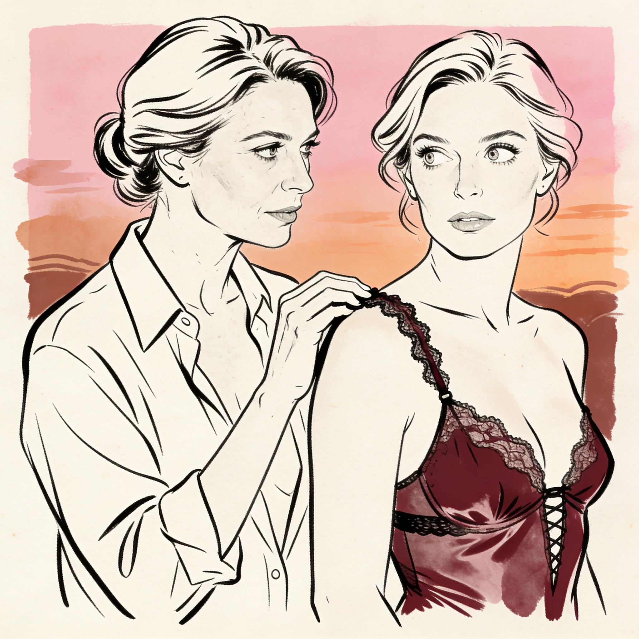 One woman's hand traces another's lingerie strap, their gazes locked in charged tension.