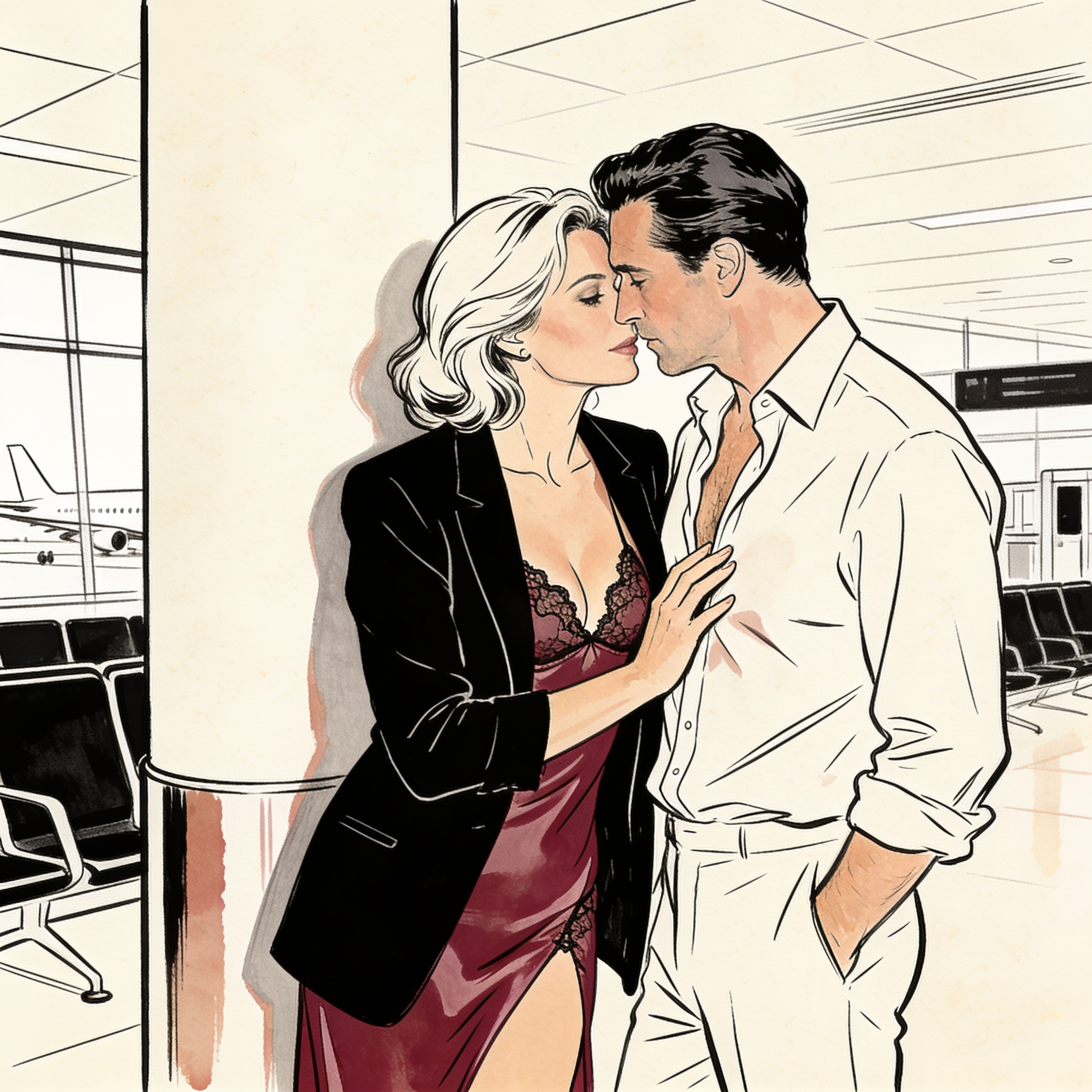 A couple leans close, foreheads touching, her hand on his chest.