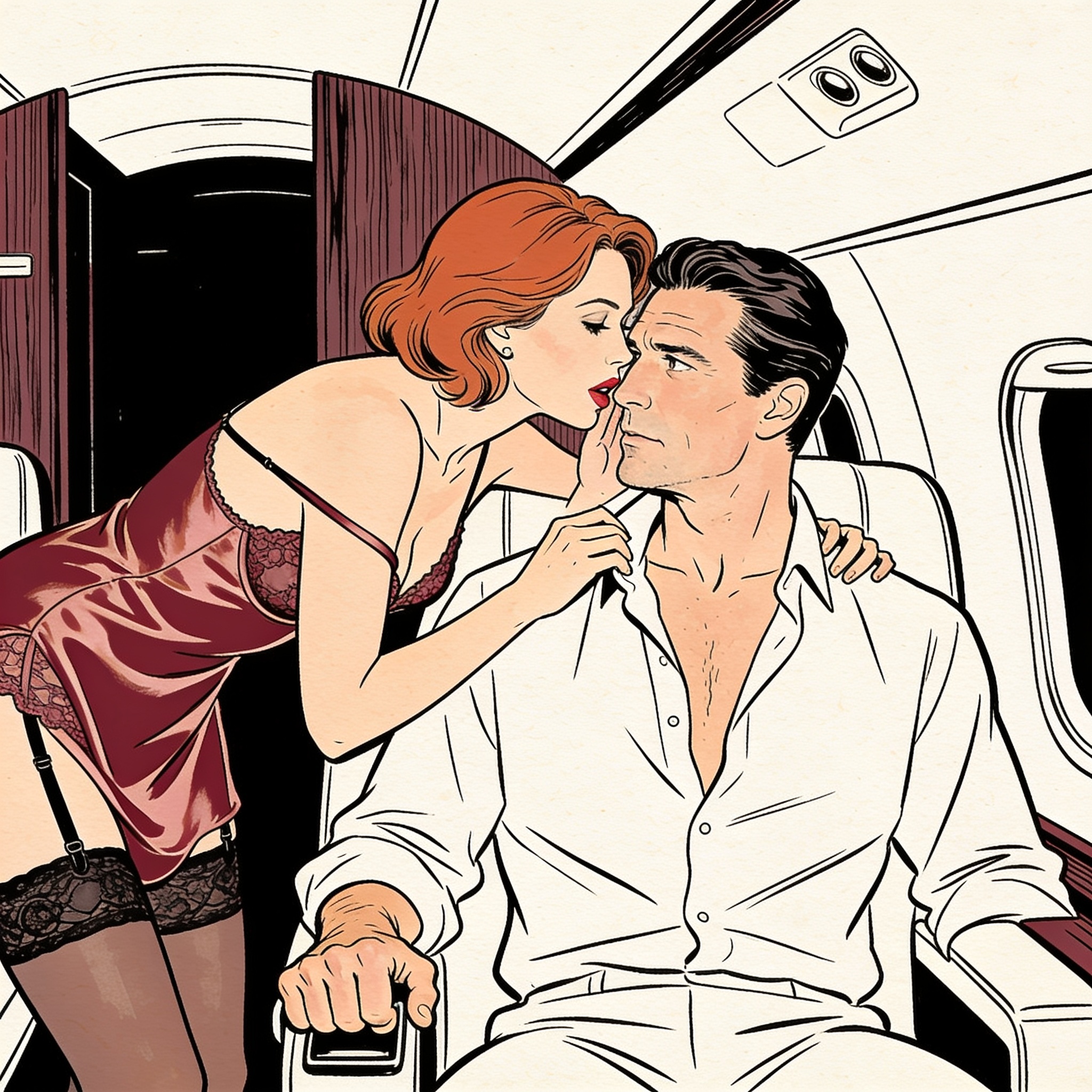 A couple intimately whispering in a dimly lit private jet cabin.