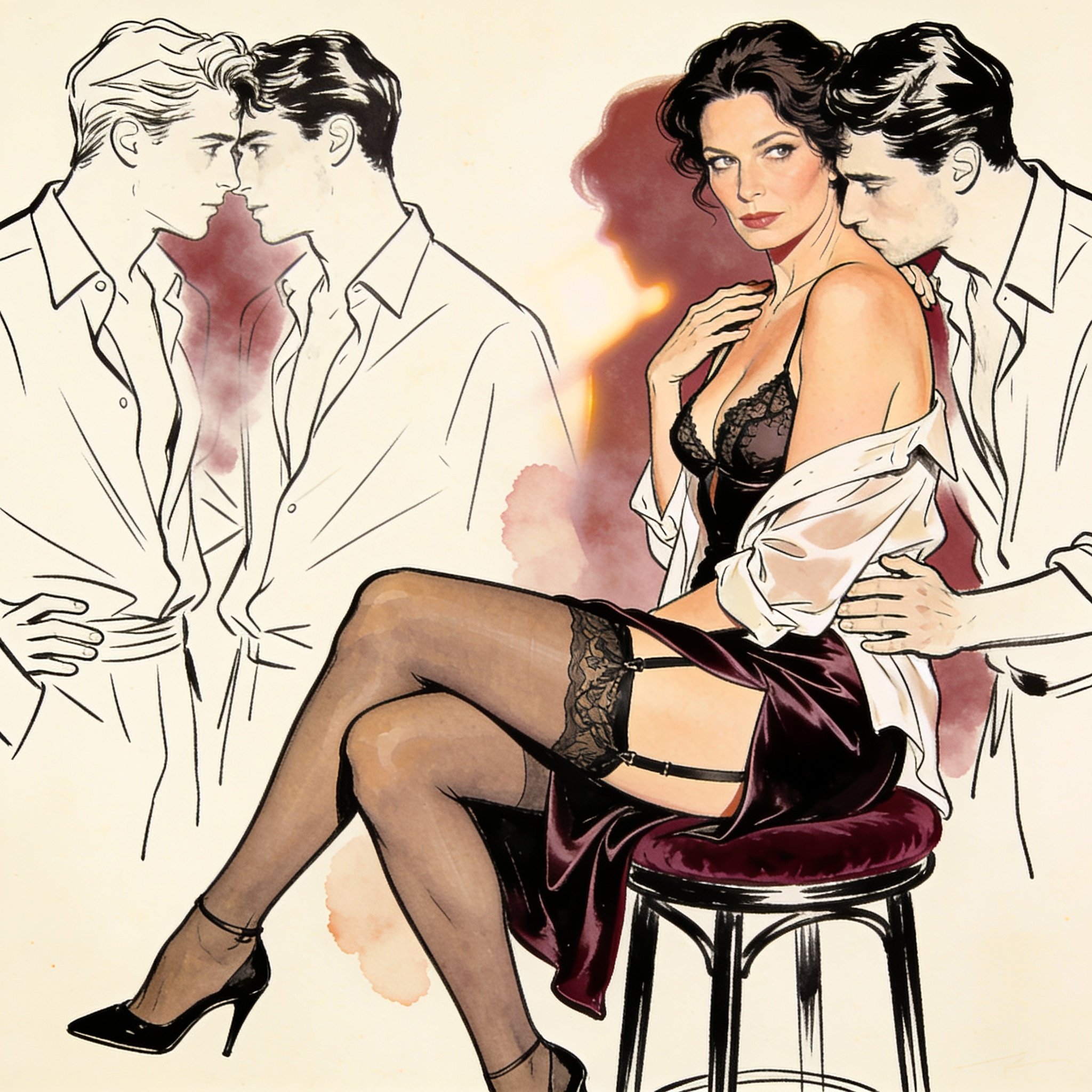 A woman on a barstool, two men leaning in, her skirt riding up, a charged look exchanged.