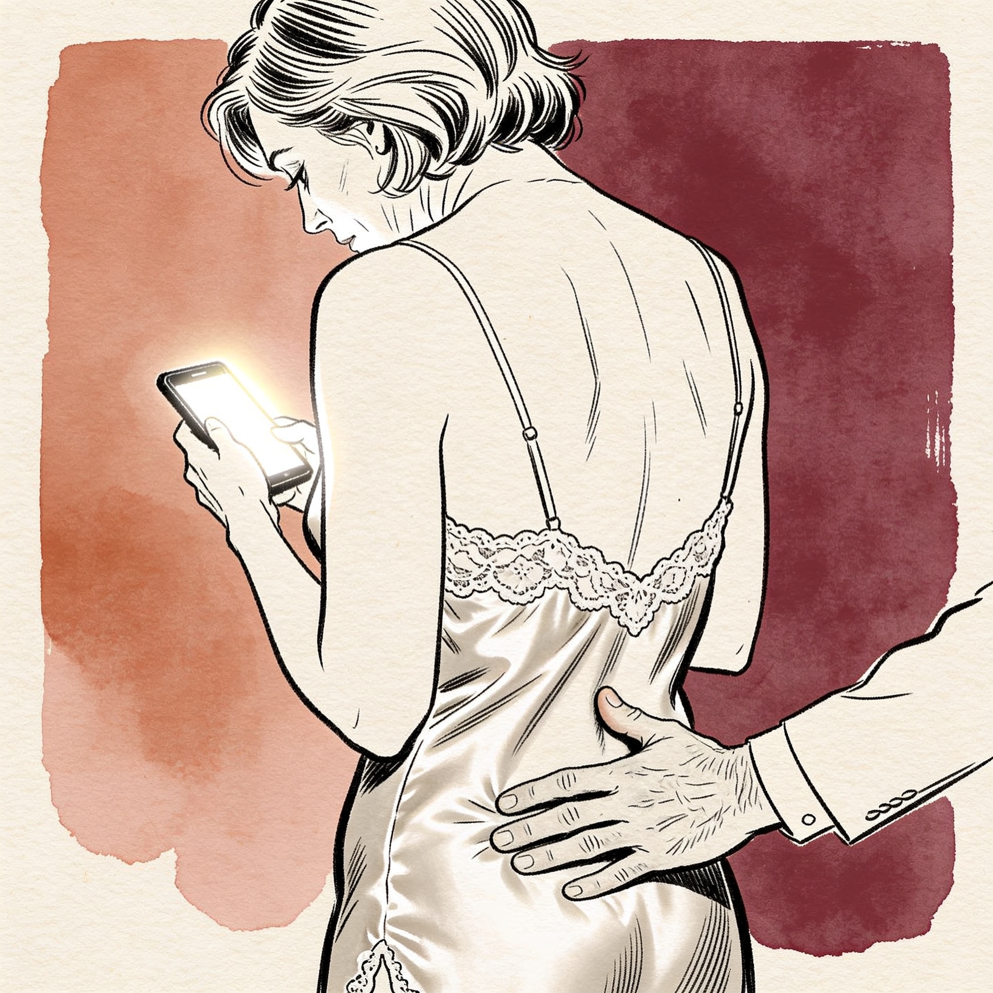 A woman in a silk slip receives a man's touch as she looks at her phone.