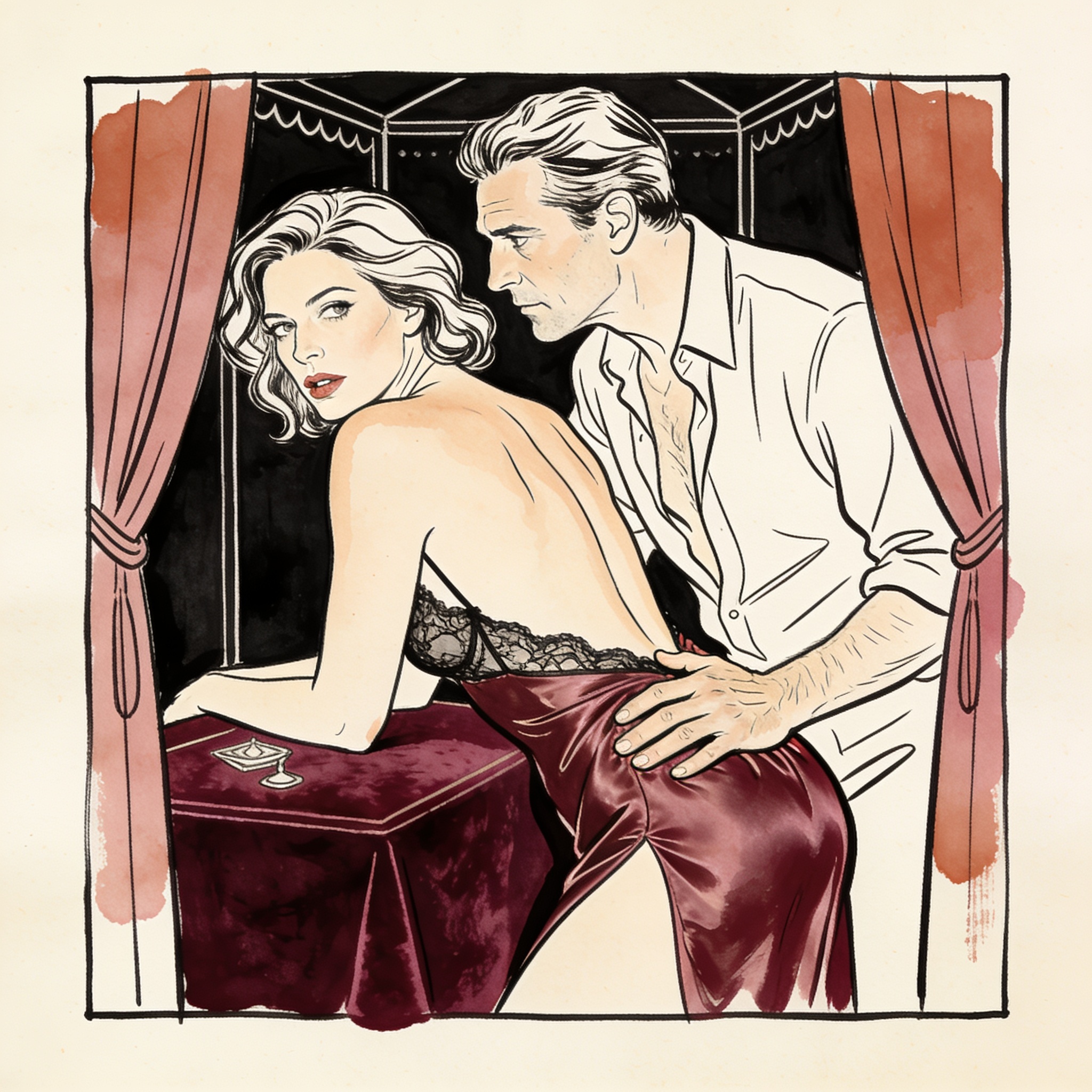 A man and woman in a fortune teller's room share a tense, intimate moment in flickering...