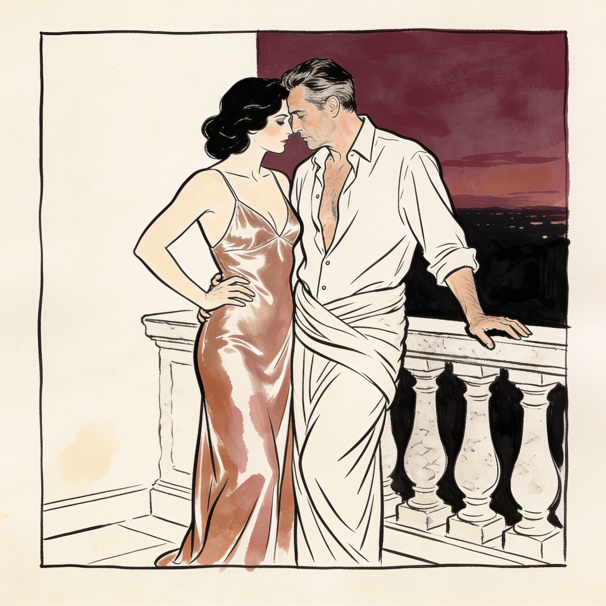 Line art: a man and woman in intimate apparel stand close on a terrace at dusk, gazing ...