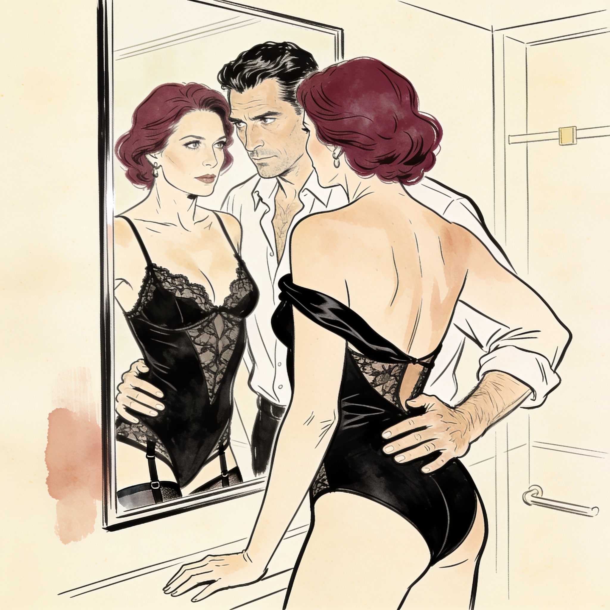 A couple's intimate reflection; her lace strap is down, his hands hold her hips.