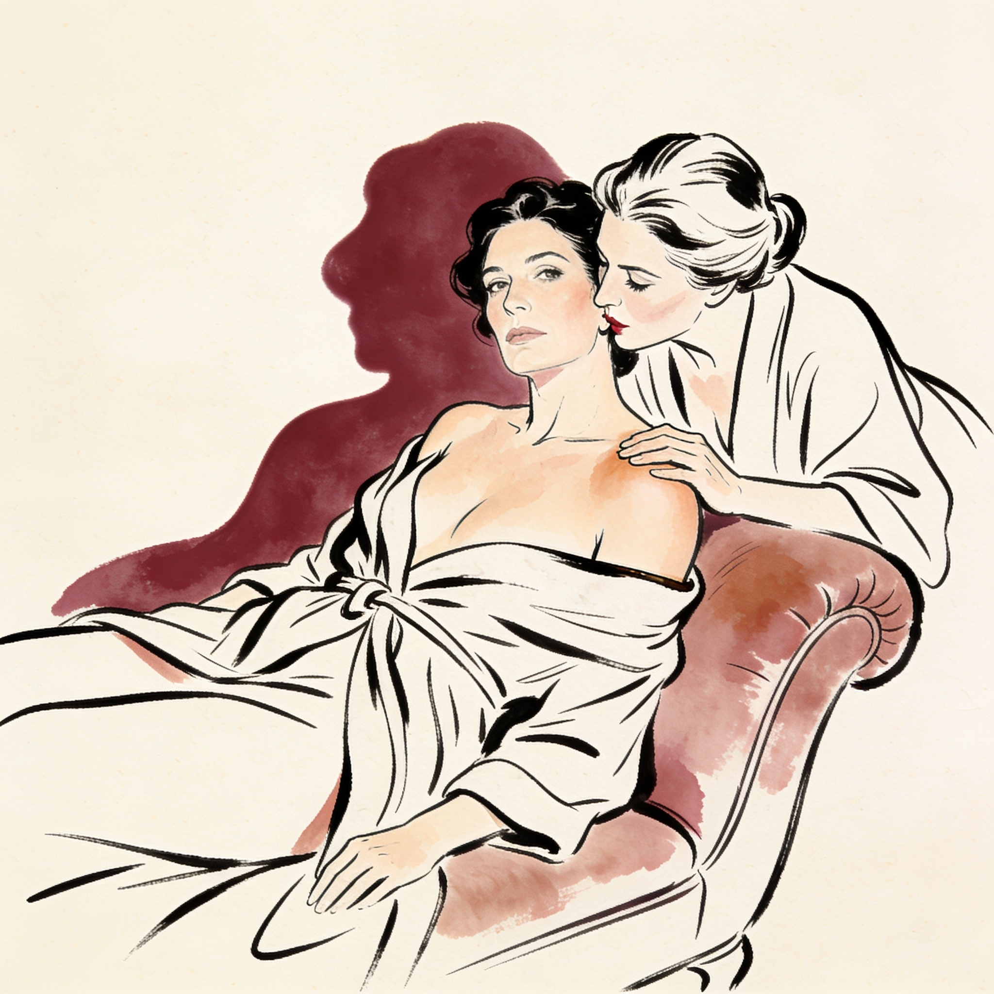 A therapist leans intimately over a client on a chaise, whispering, her shadow merging ...