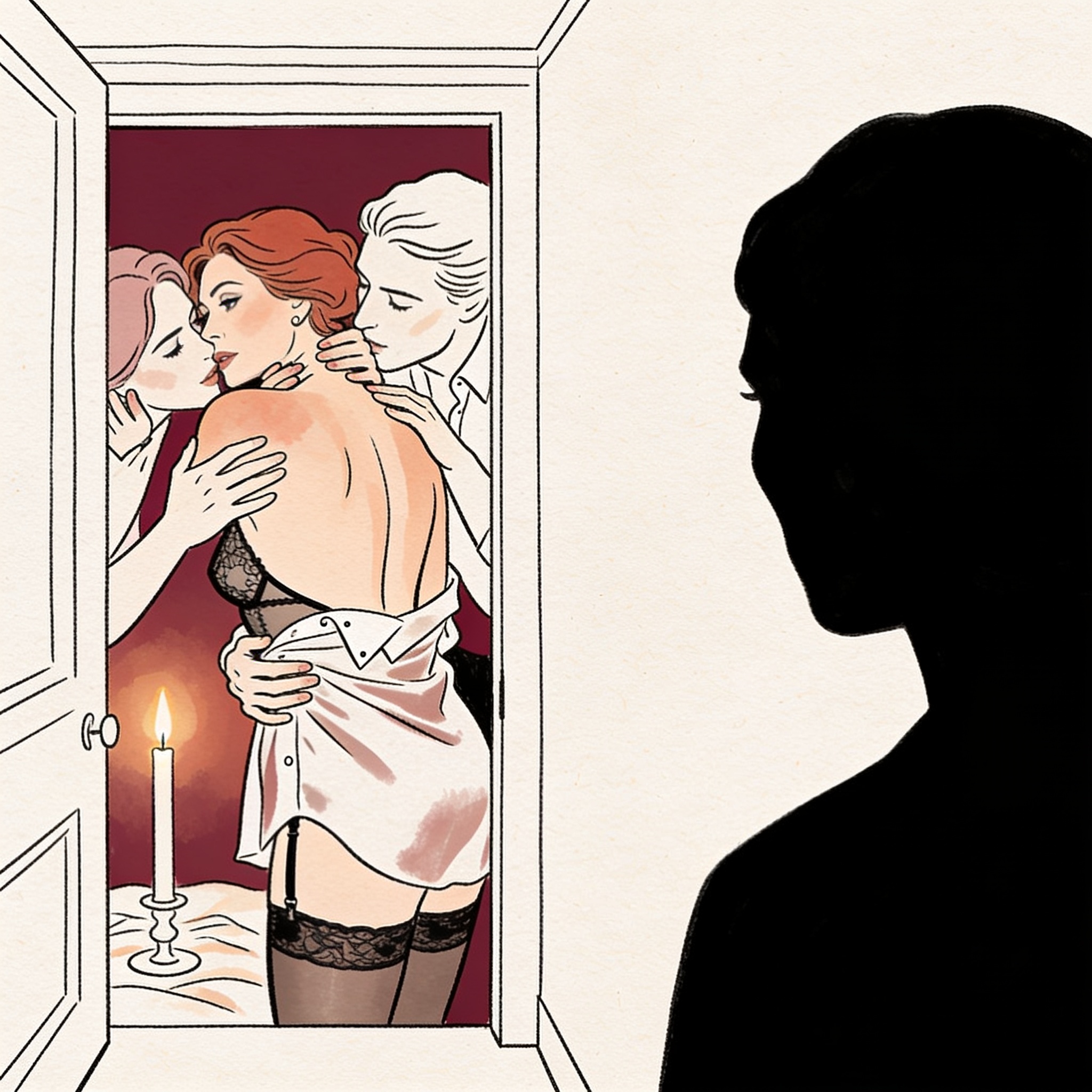 Silhouette watches a figure being worshipped by hands and mouths in candlelight.