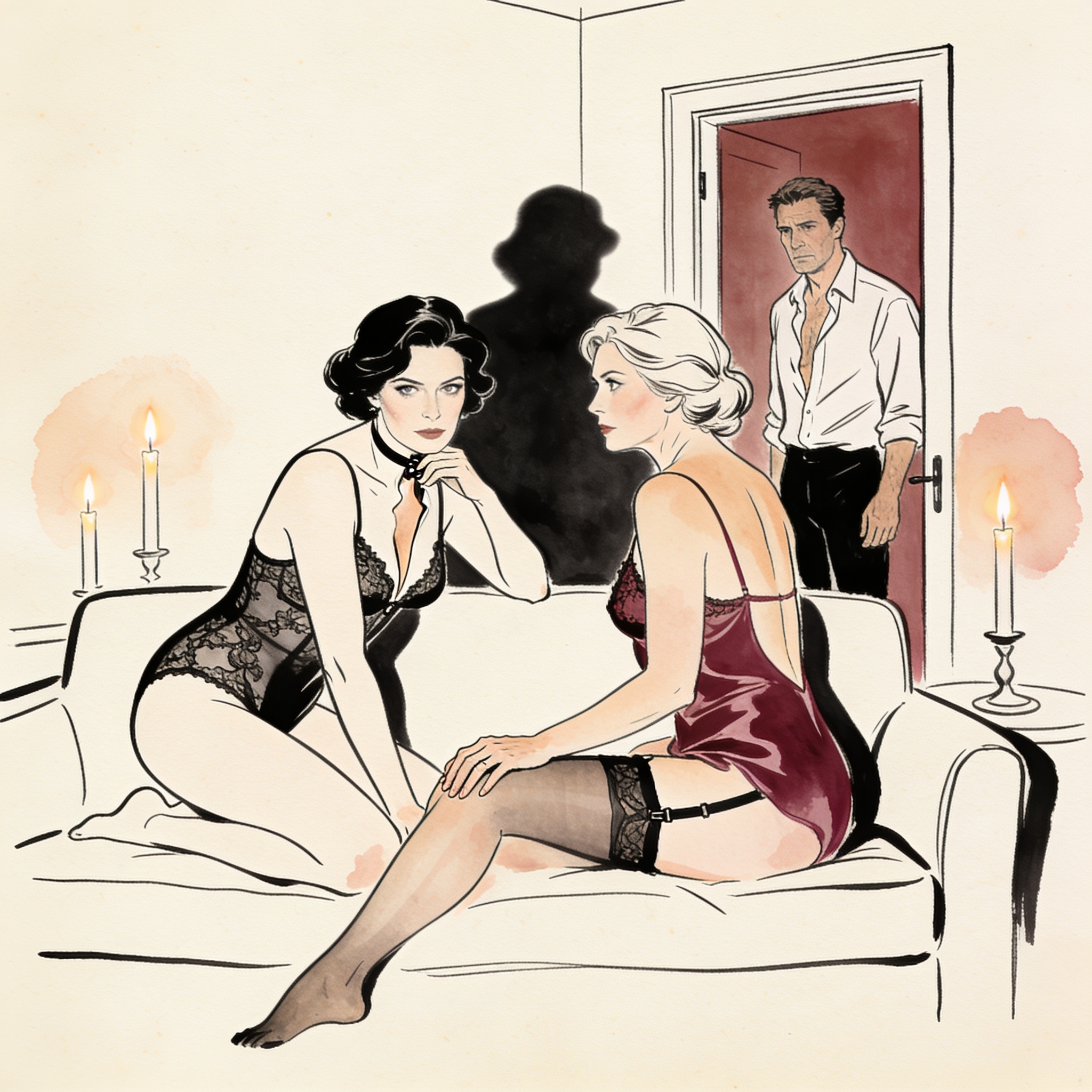 Two women in lingerie pose on a candlelit sofa, sharing a charged gaze with a man.