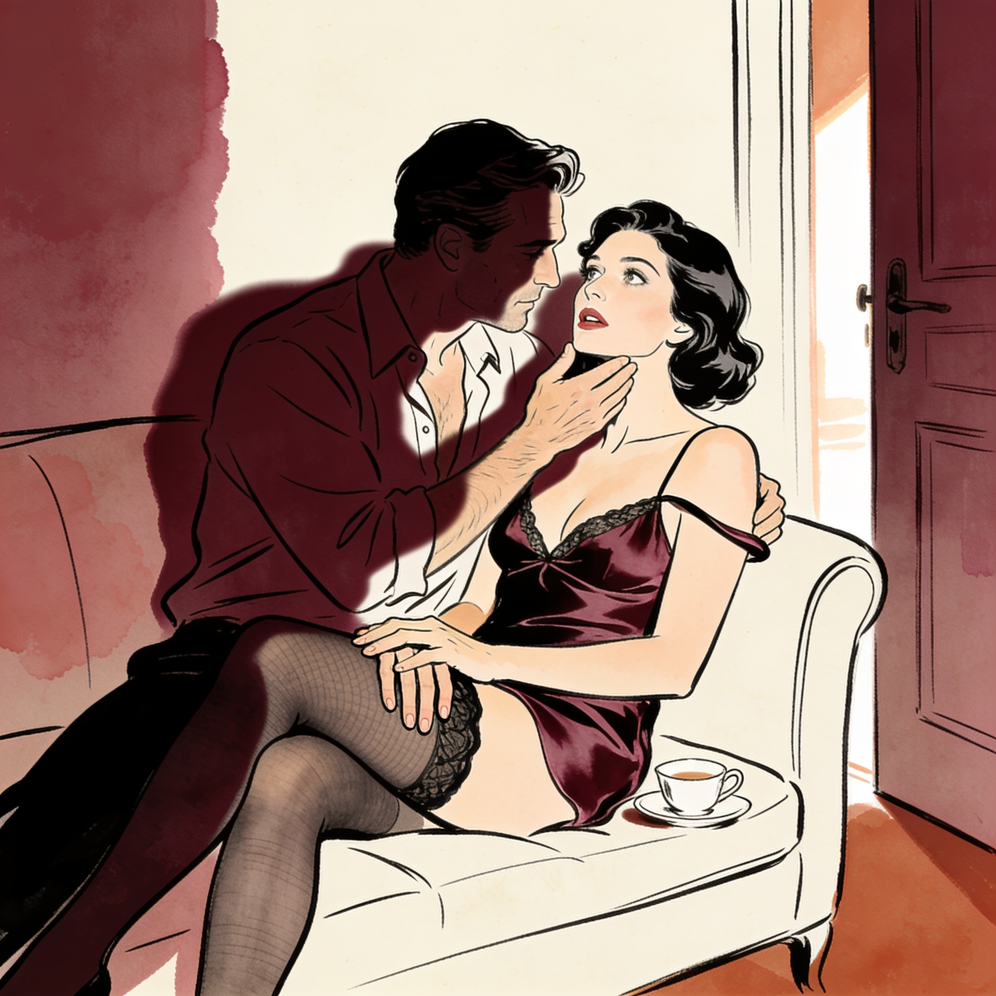 Line art of a man guiding a woman's face toward his, her camisole strap fallen, his han...