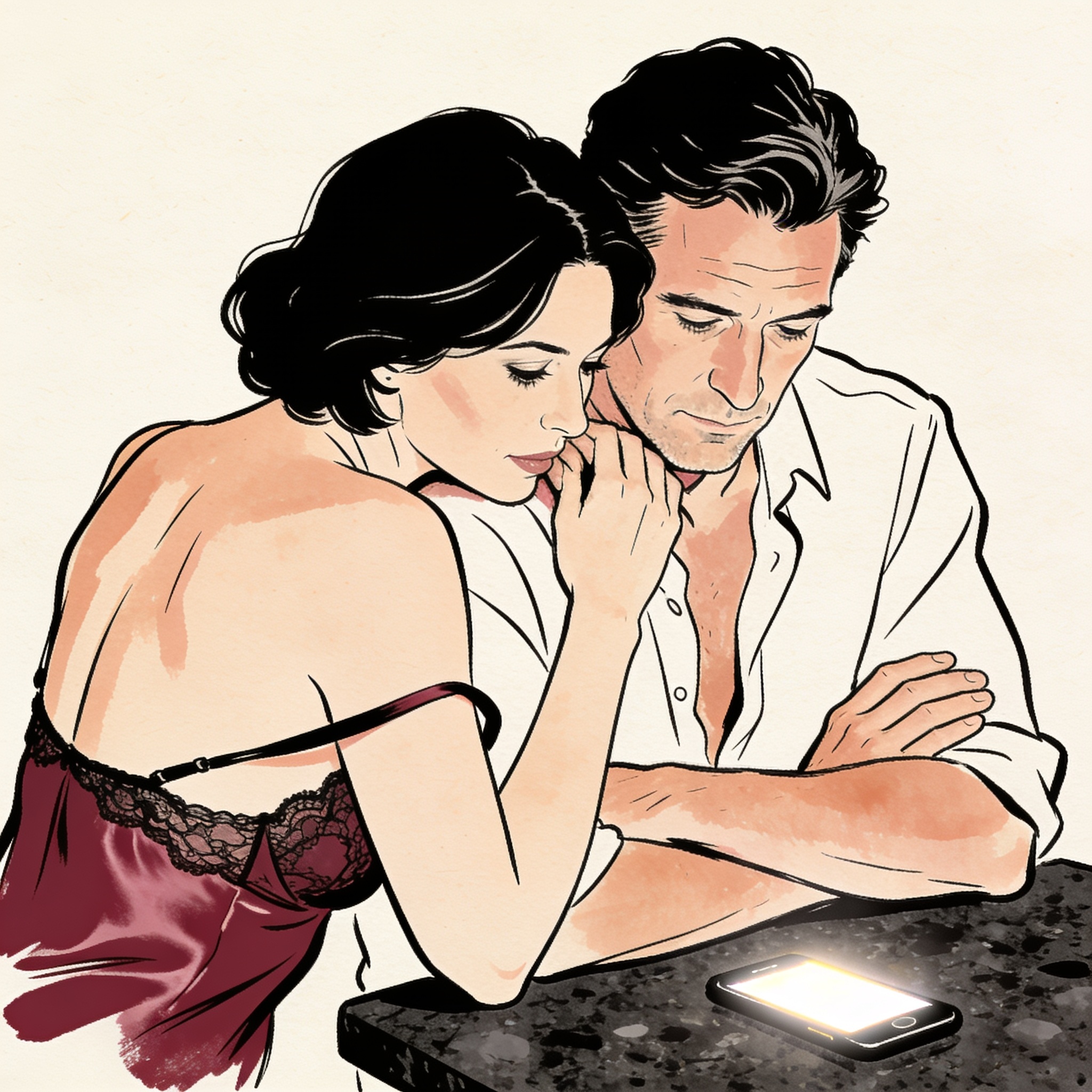 Couple embraces in dim kitchen, looking at a glowing phone on a dark counter.