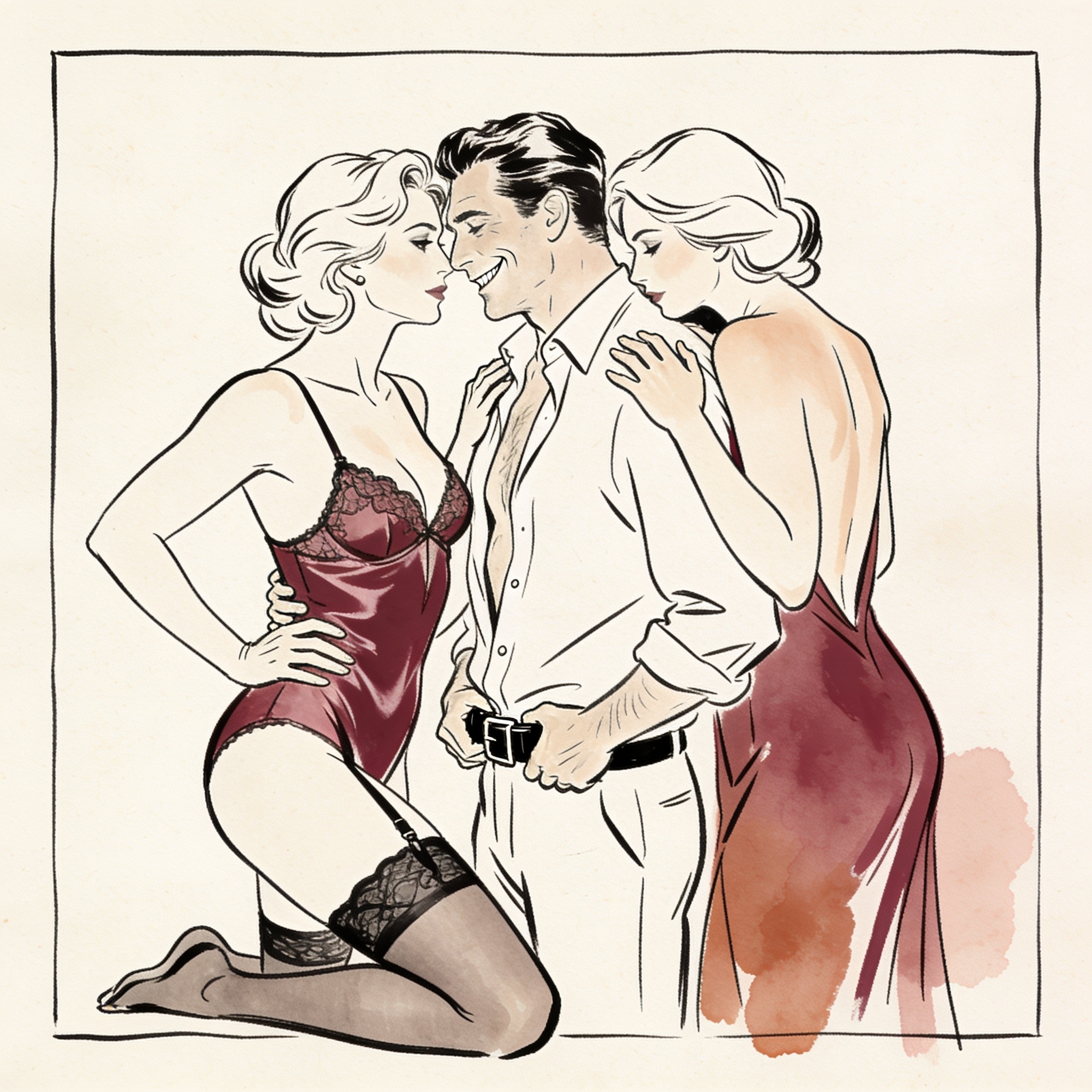 Two women seduce a man in a shadowy living room, one unbuckling his belt.