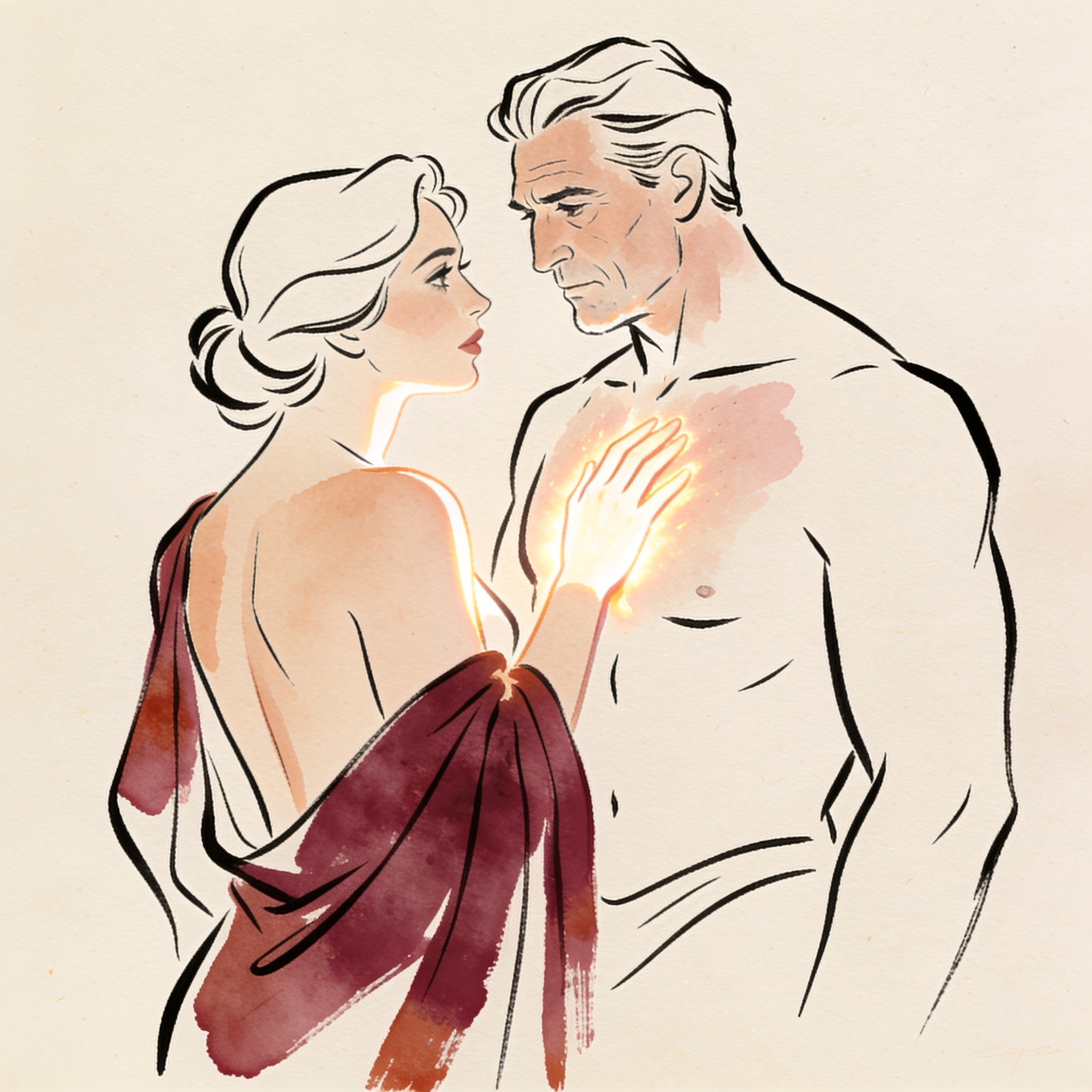 A glowing goddess reaches for a stern king's chest in a torchlit hall.