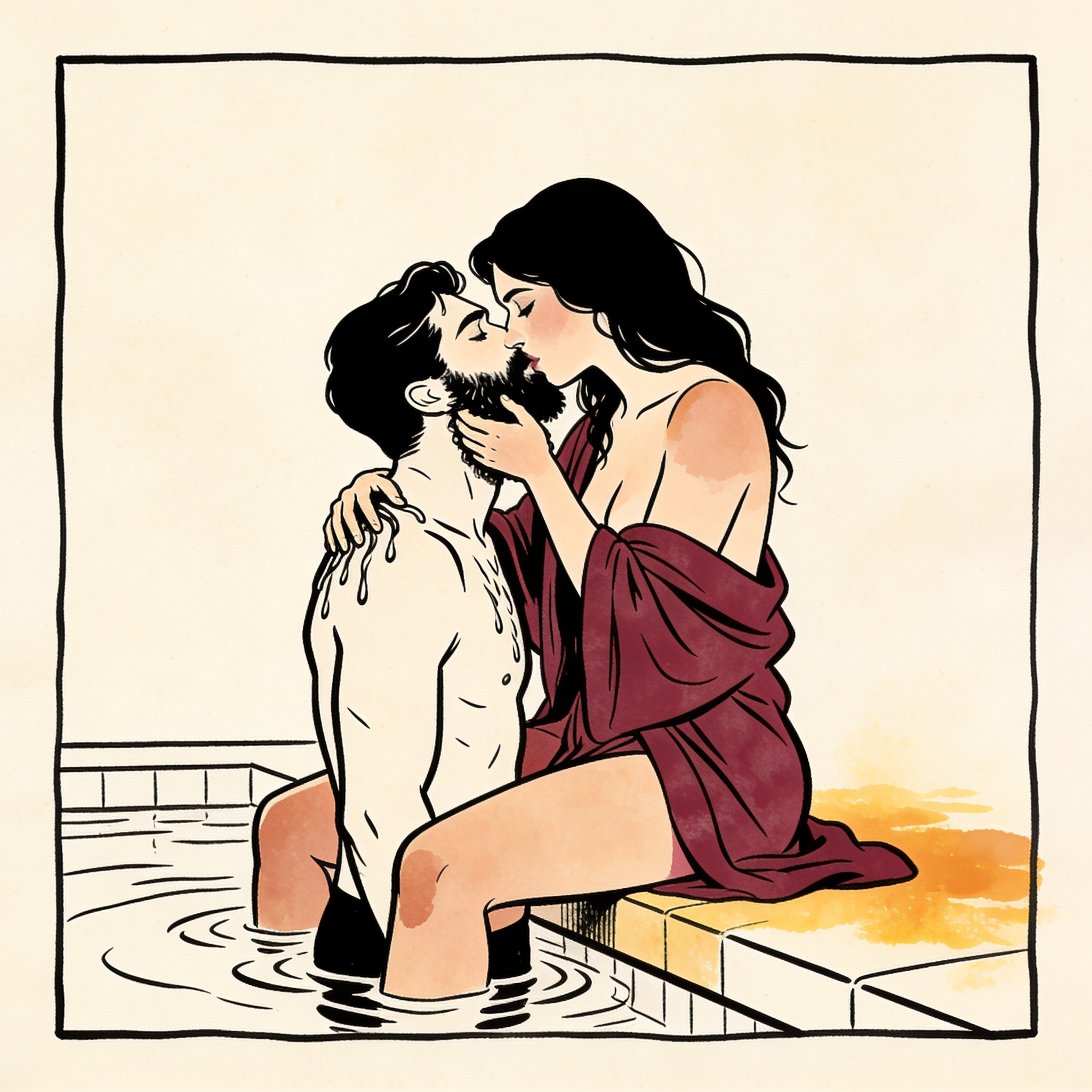 Woman by a pool pulls a man's bearded face towards hers for a kiss.