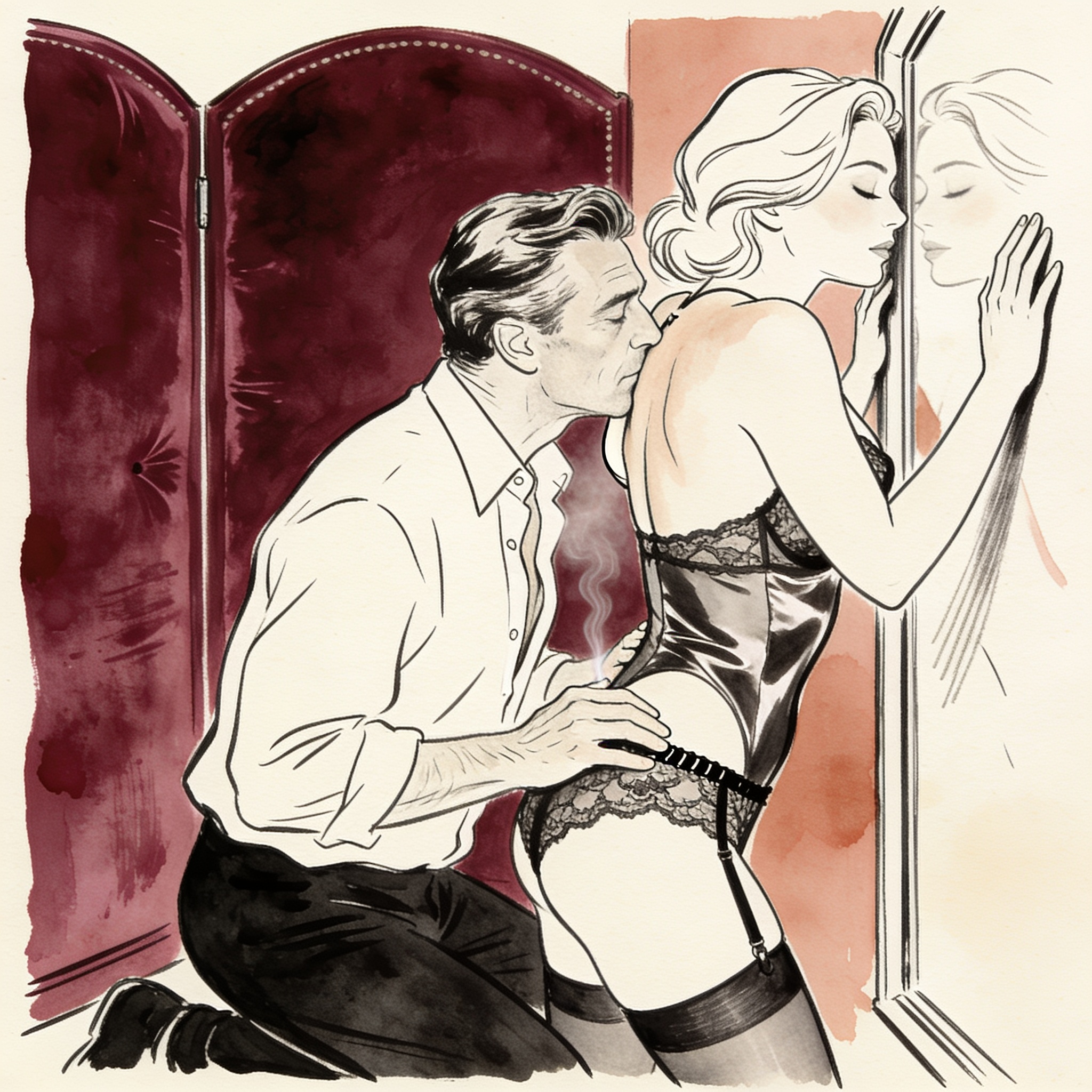 Man kneeling behind woman, his breath visible through her lace underwear, fingers pausi...
