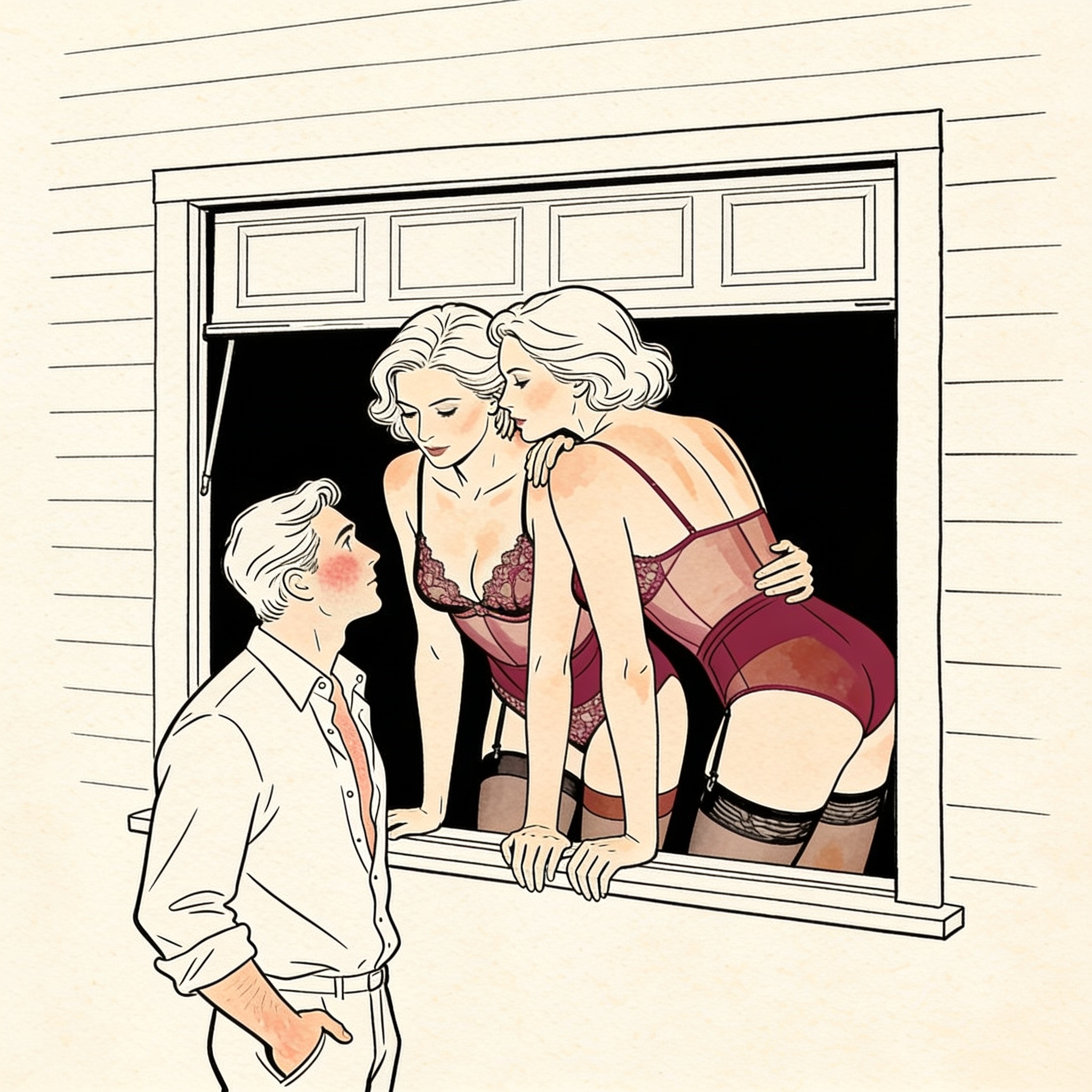 Two women in lace lingerie at a window gaze down at a blushing man in a driveway.
