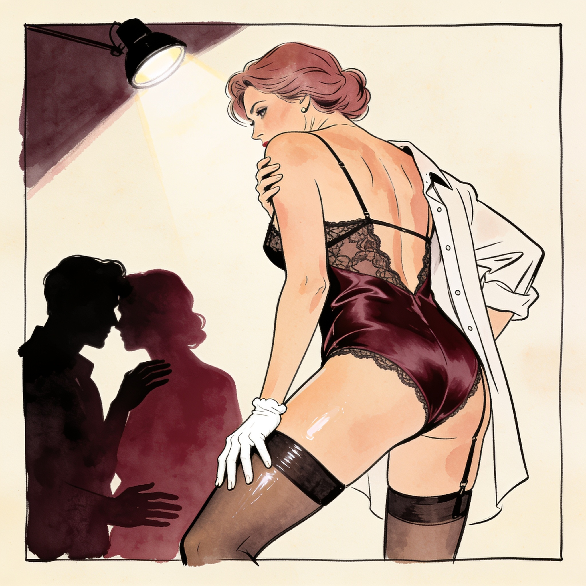 A woman in latex performs under a spotlight, watched intently by a couple.