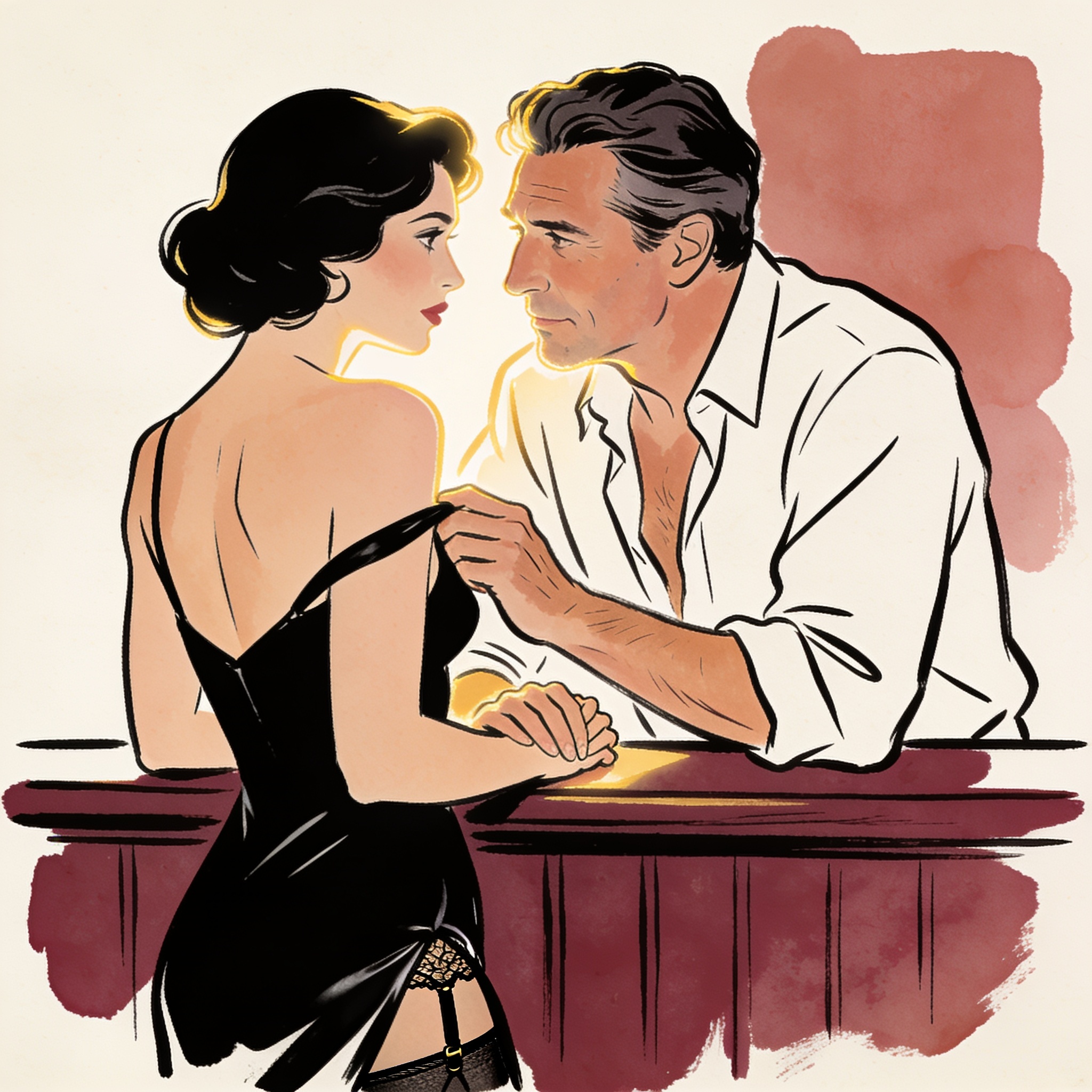 A man and a woman share a charged look at a hotel bar, her dress strap slipping.
