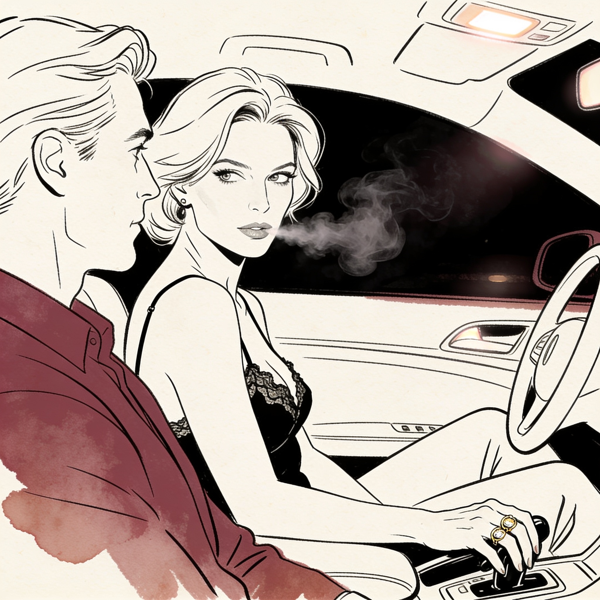 A couple in a car at night, her hand near his leg, tension and desire in their close pr...