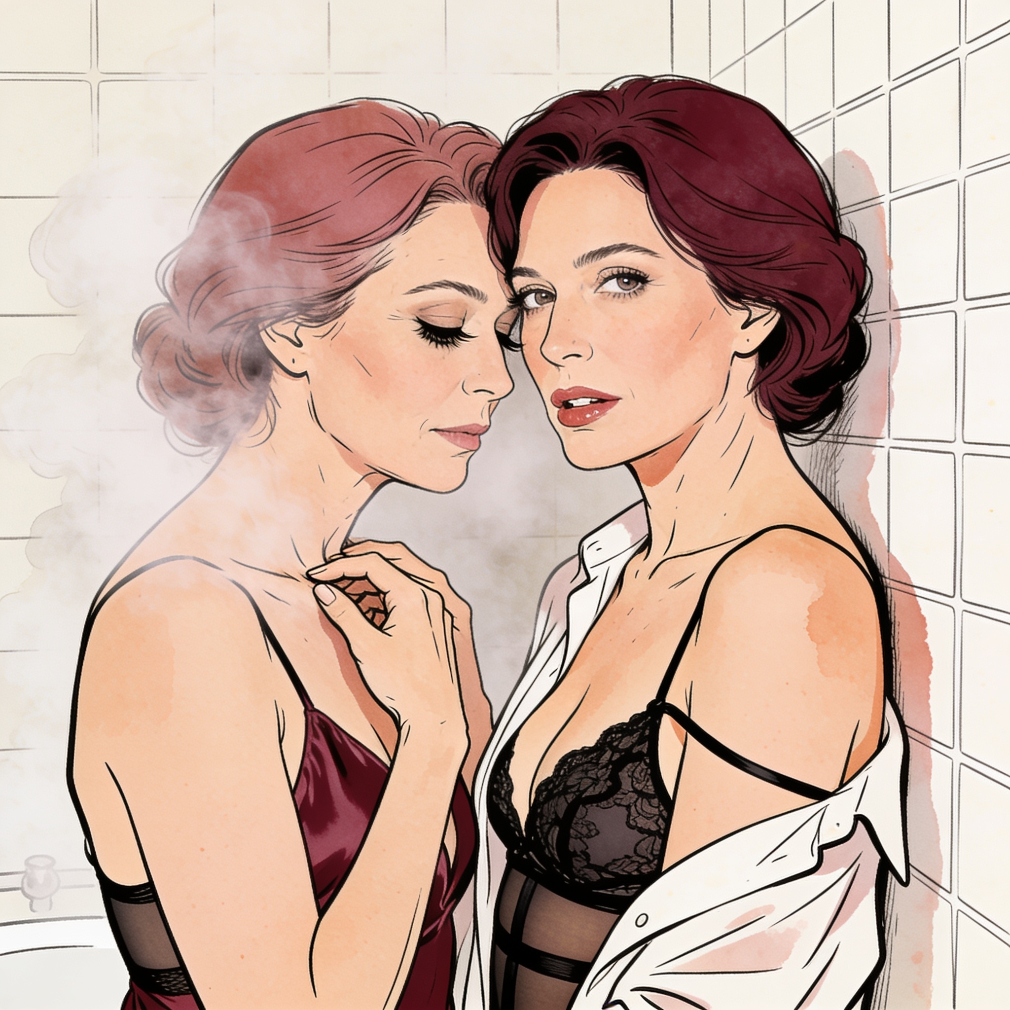 Two women in intimate wear share a charged, voyeuristic moment in a steamy shower room.