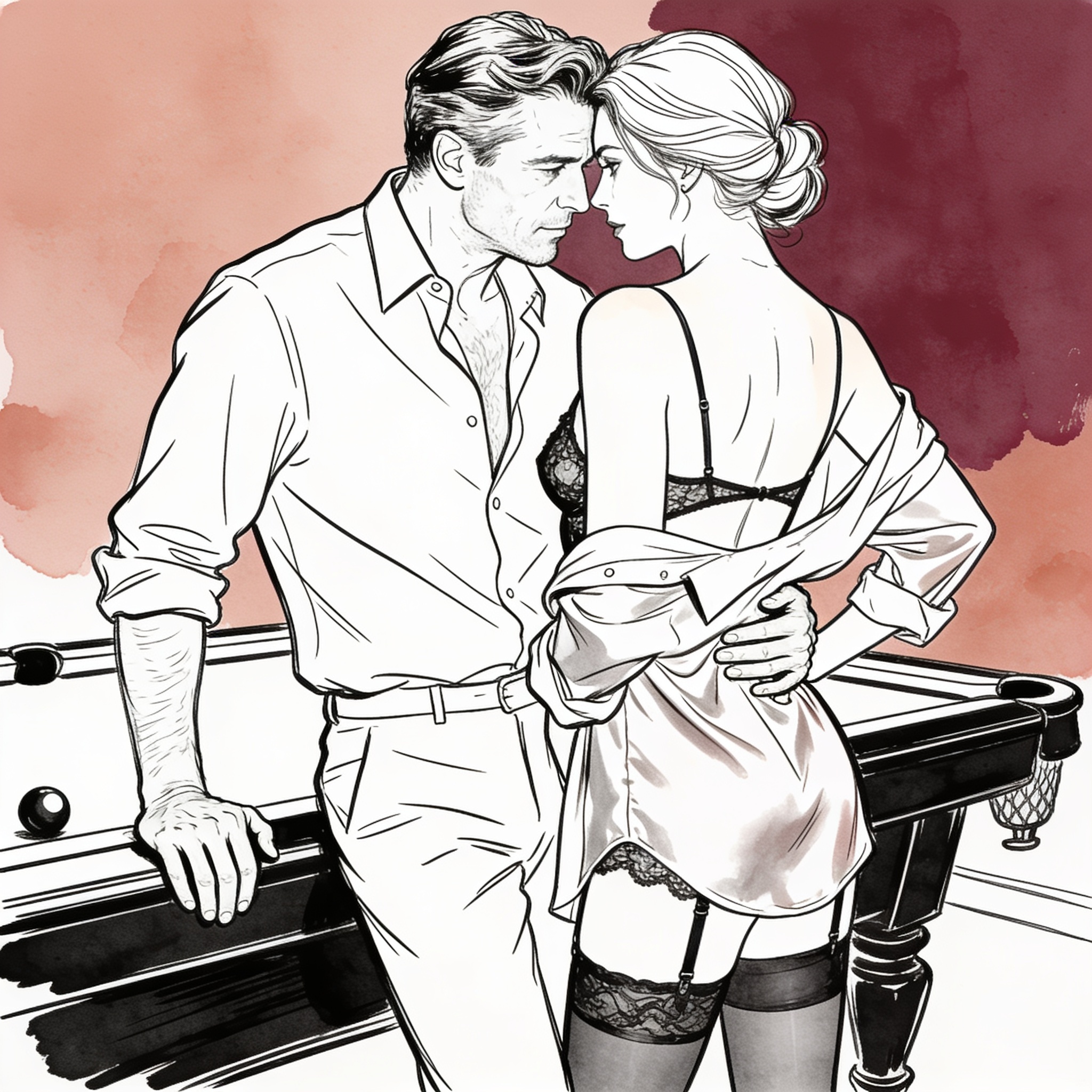 A man and woman stand close, foreheads nearly touching, his hand on her lower back.