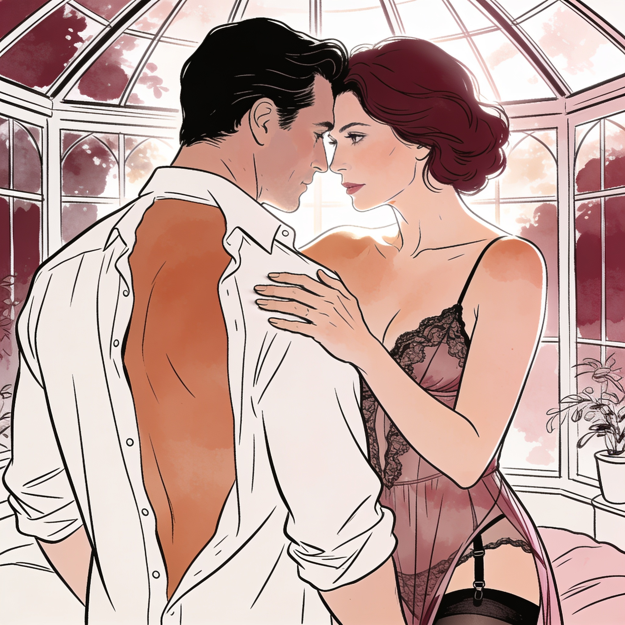 A couple in intimate modern attire sharing a close, longing gaze in a glass garden.