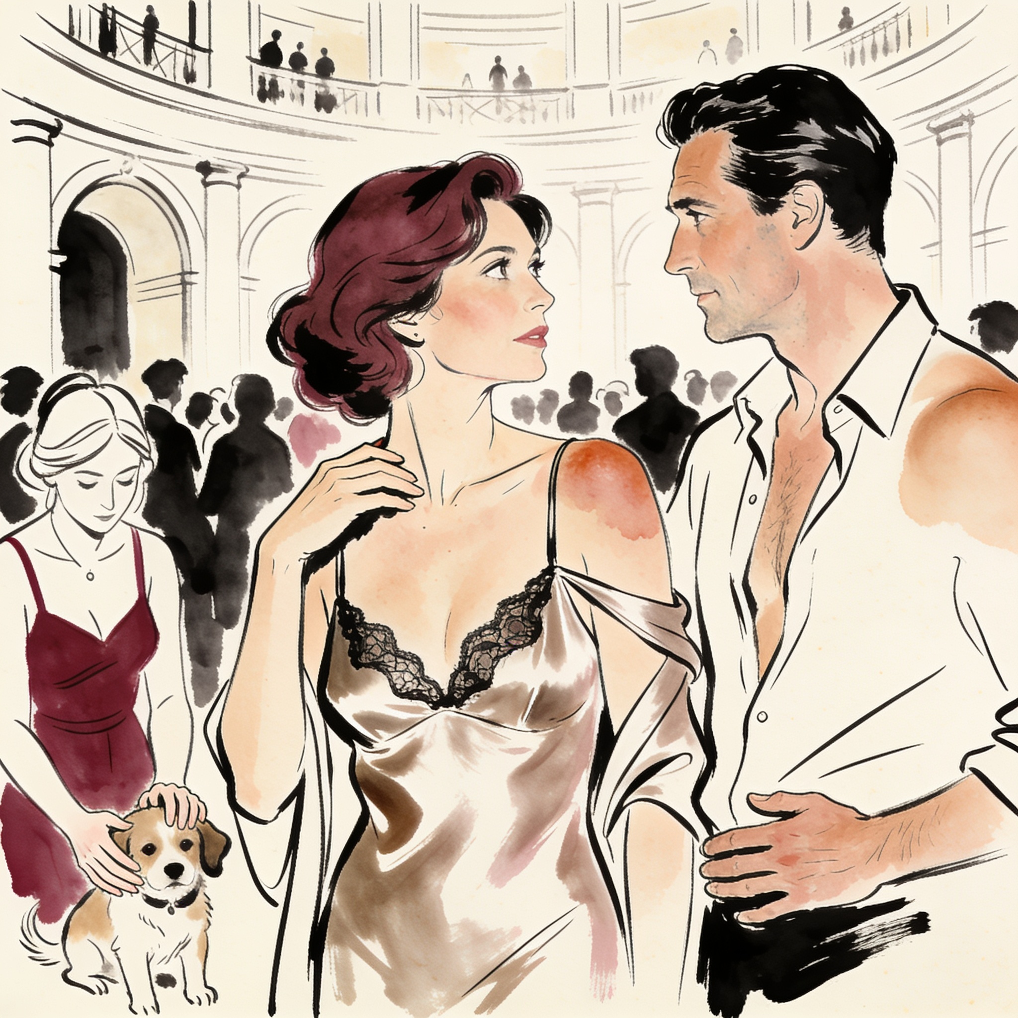 A woman watches a man with a puppy, her hand on her chest, camisole strap slipping.