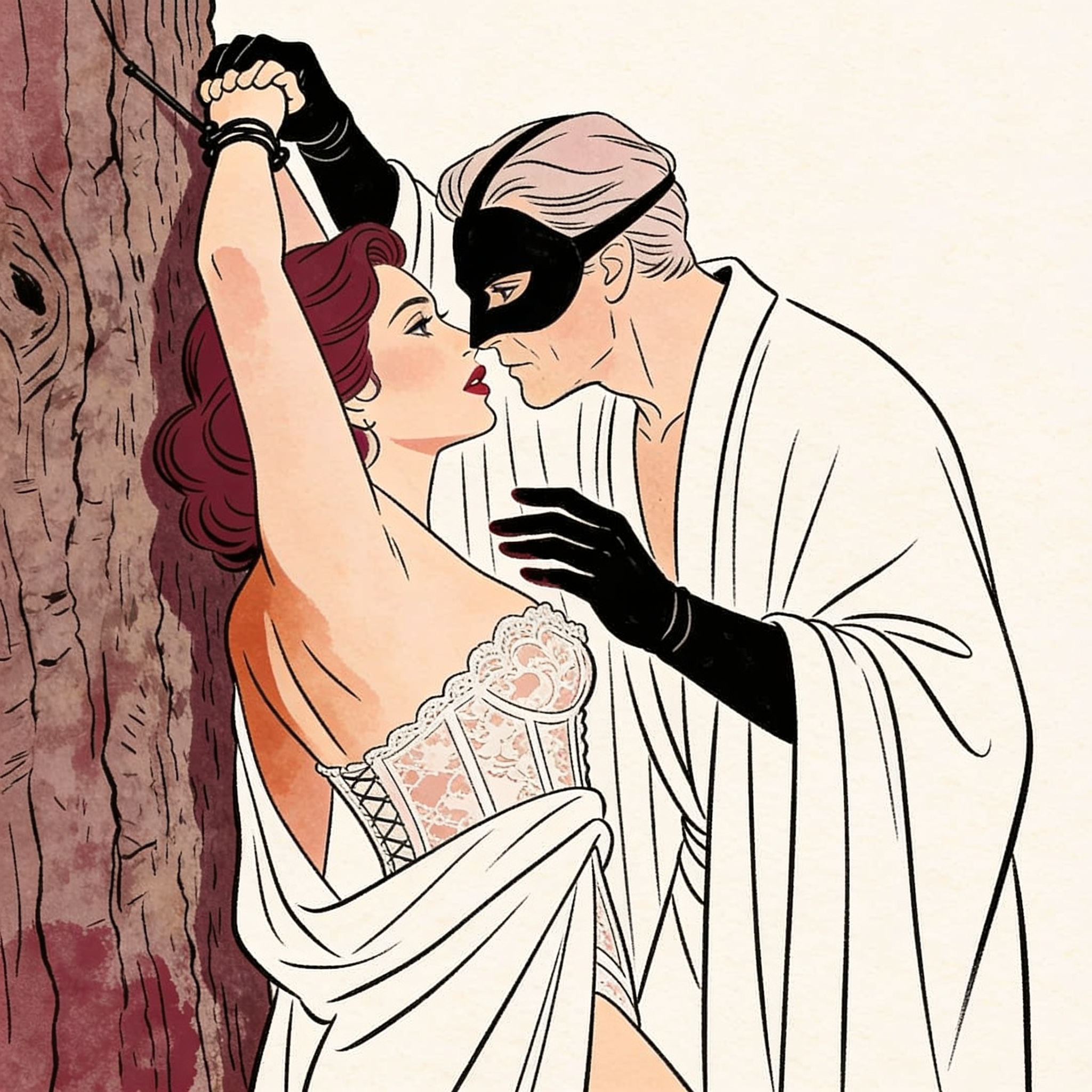 A woman in a lace corset is pinned against a tree by a masked figure in a tense, charge...