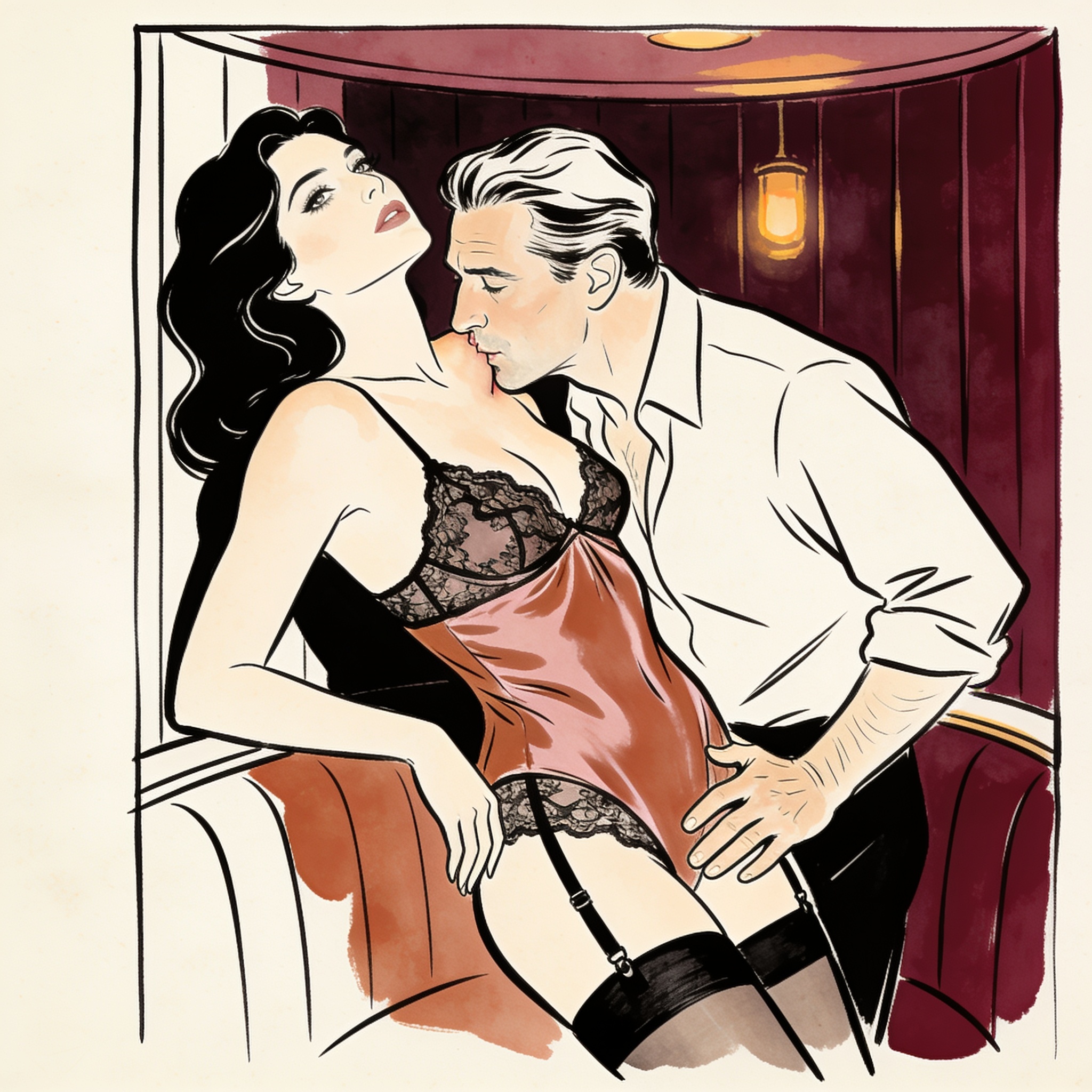 A couple in an intimate embrace, she wears lace lingerie, he is in a dress shirt, light...