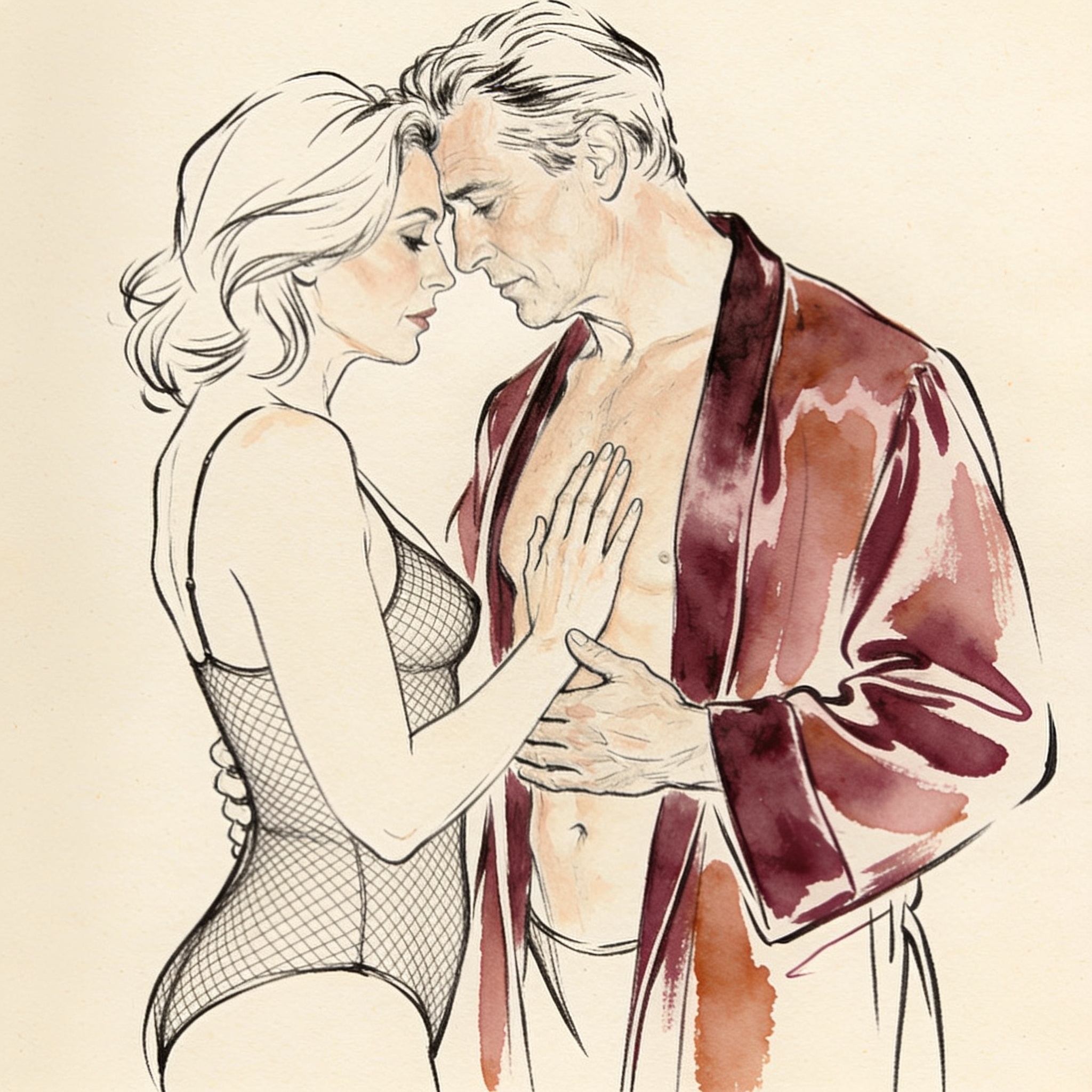 A woman in a sheer bodysuit touches a man's bare chest as he holds her hand, their face...