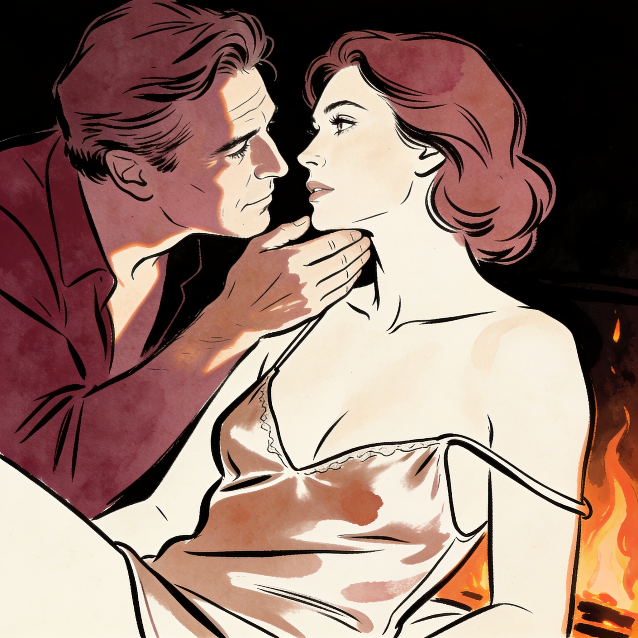 A man guides a woman's face toward his in firelight; her camisole strap is off her shou...