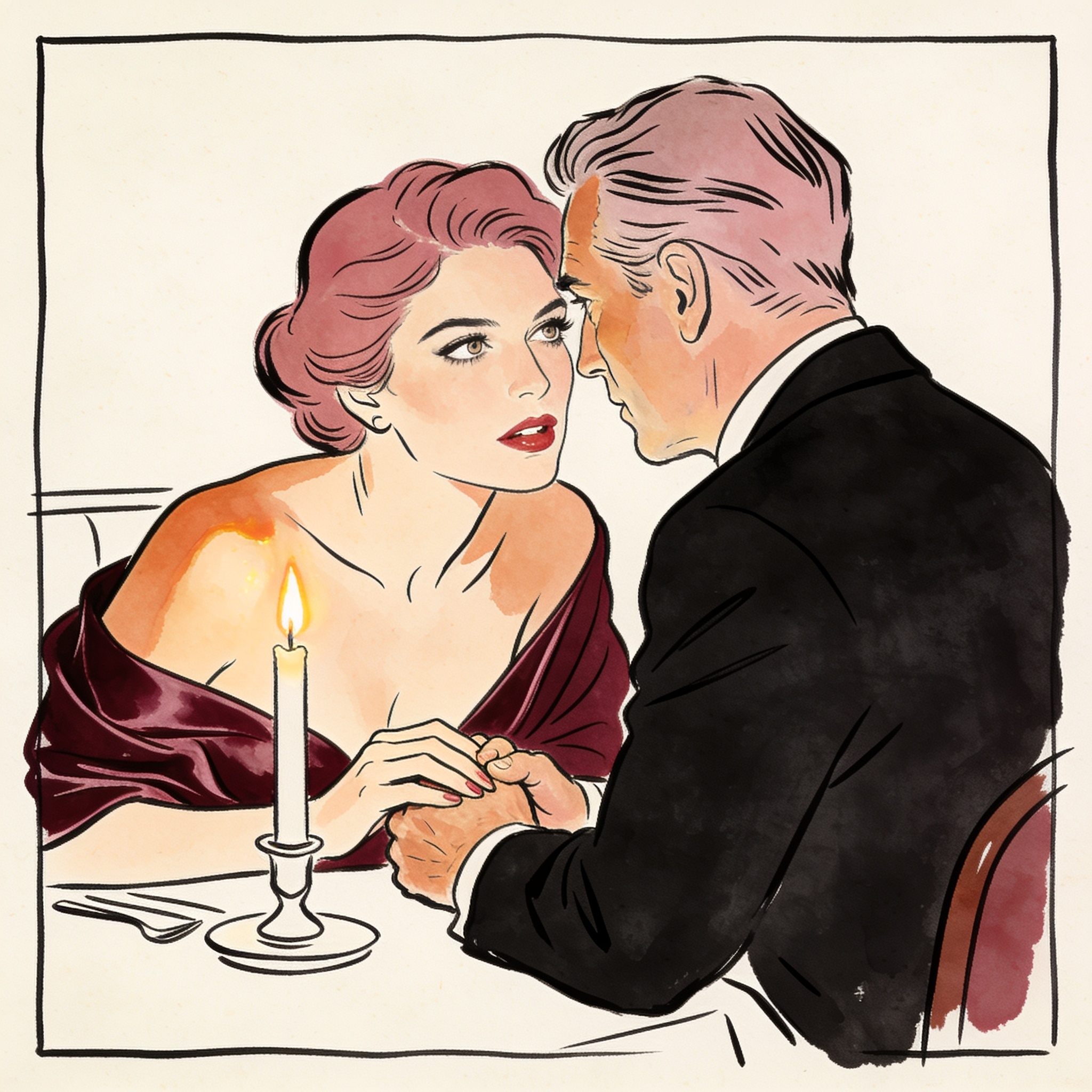 A woman traces a man's hand as she whispers a commanding confession in a dim restaurant.