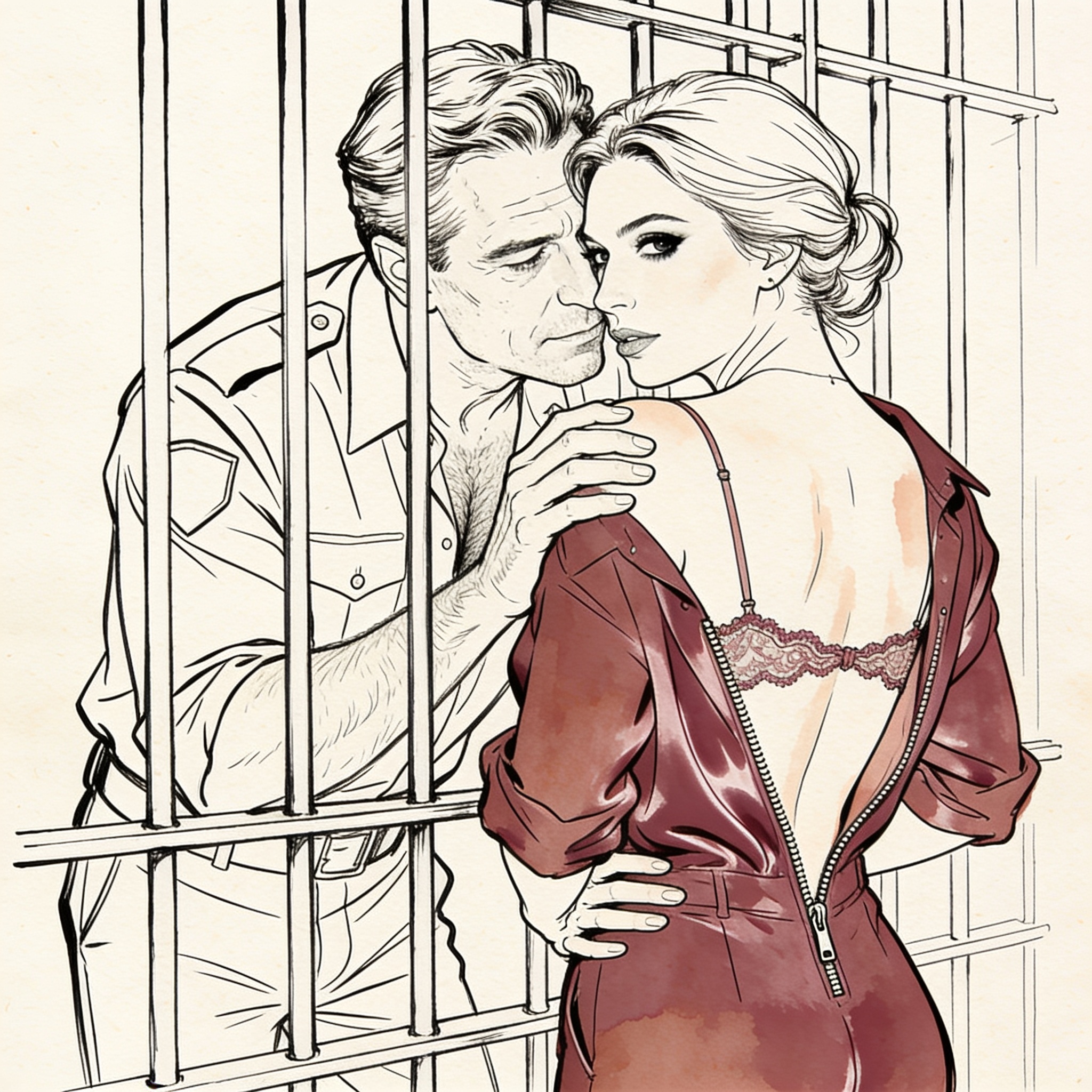 A prison guard leans close to an inmate in her cell, their intense gaze conveying deep ...