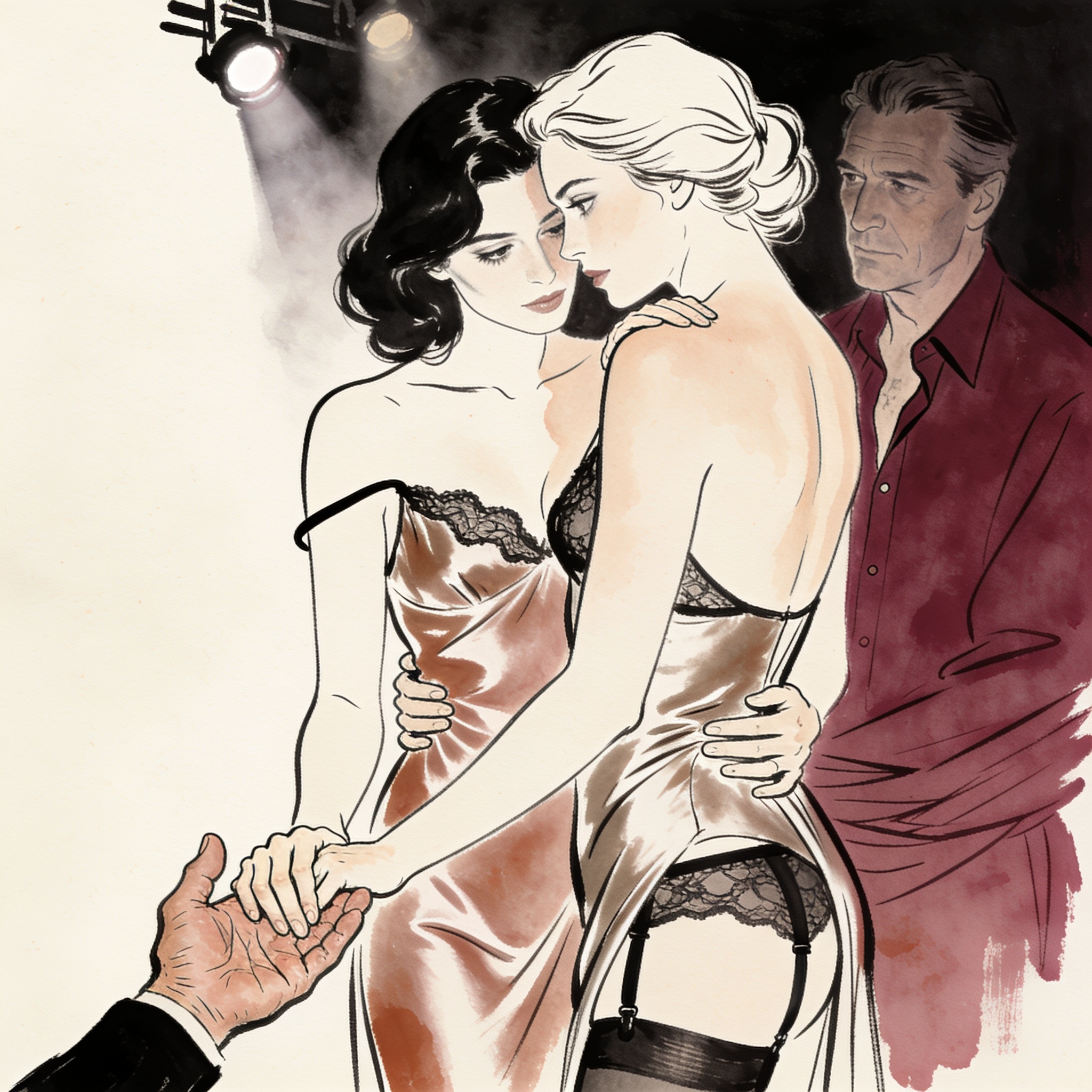 A woman in a silk slip touches hands with a performer on a cabaret stage.