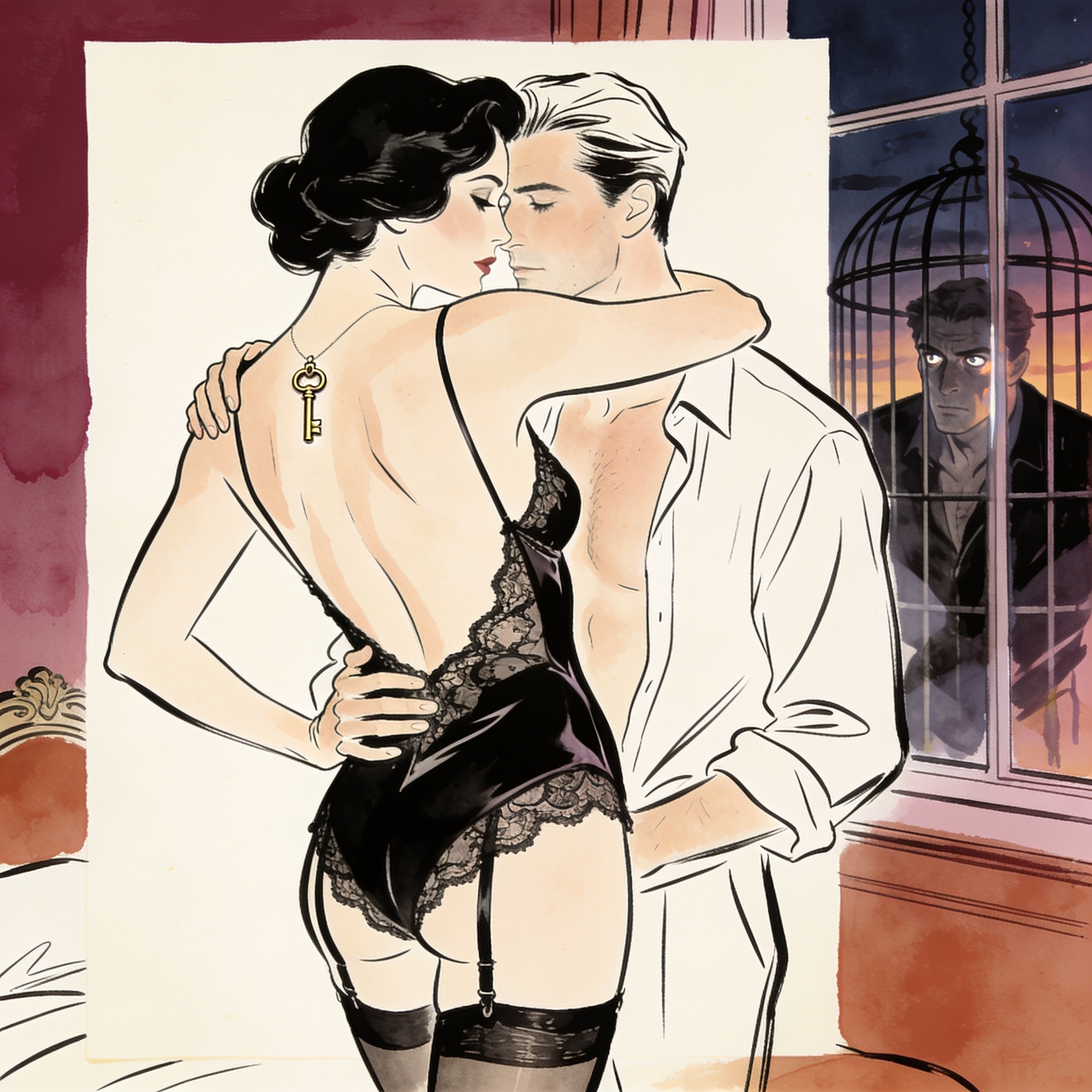 A woman in lingerie embraces a man as another watches, reflected in a window.