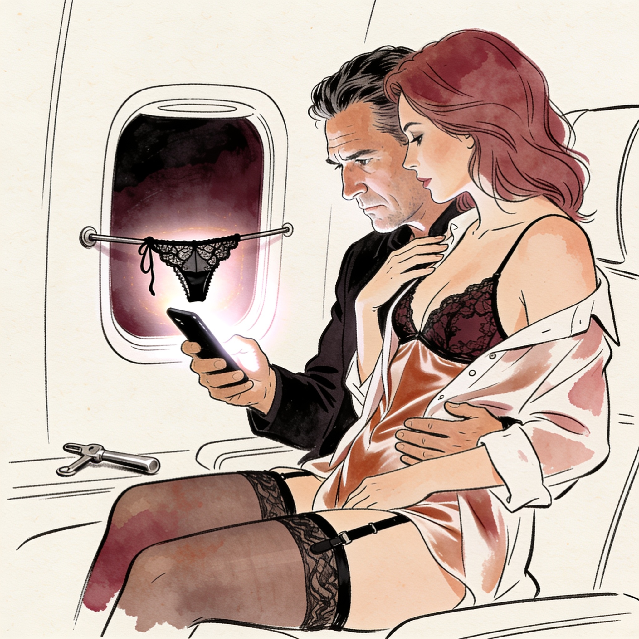 Man on a plane, illuminated by phone, looking at a photo of black lace lingerie.
