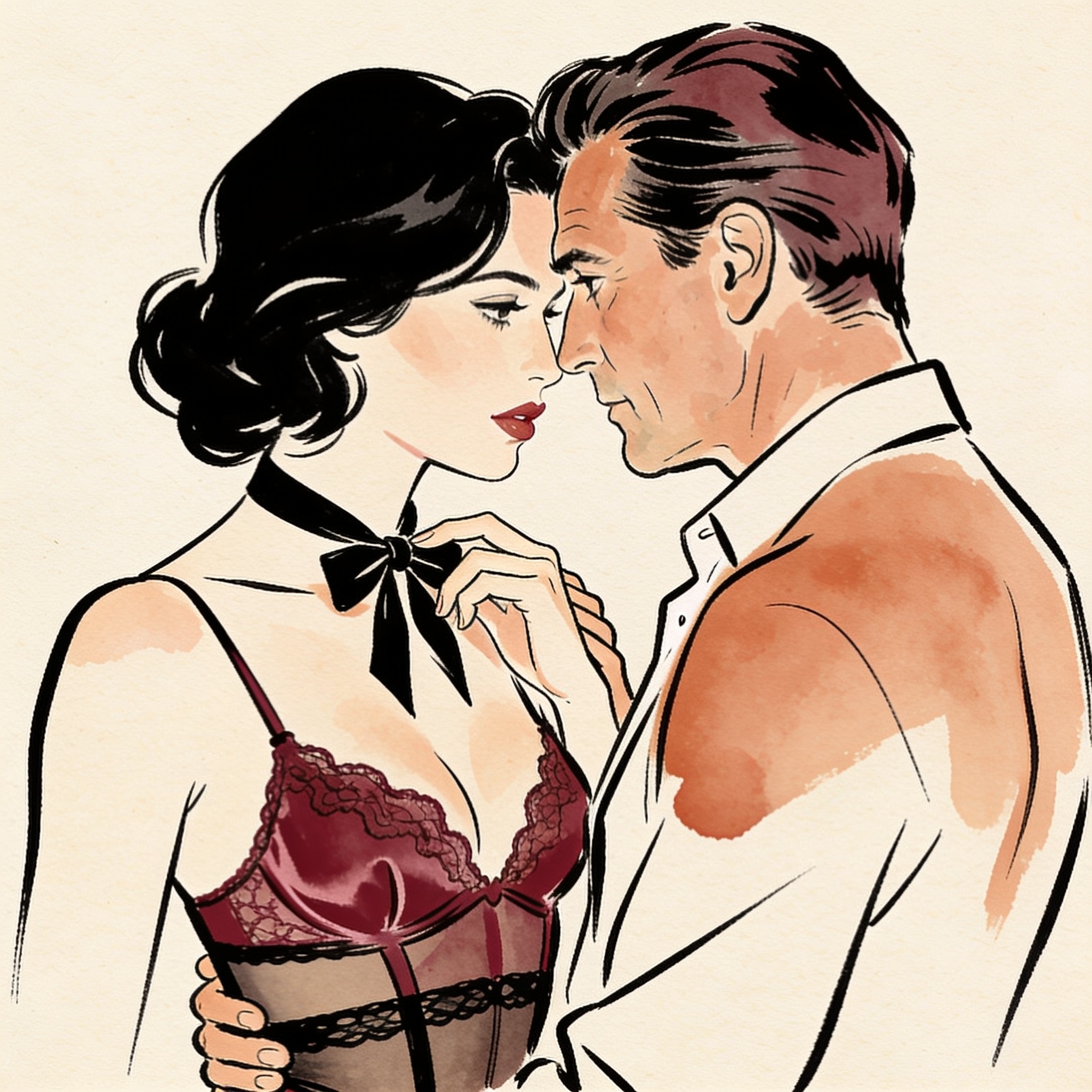 A man and woman in a car, tension palpable as he looks at the bow of her dress.