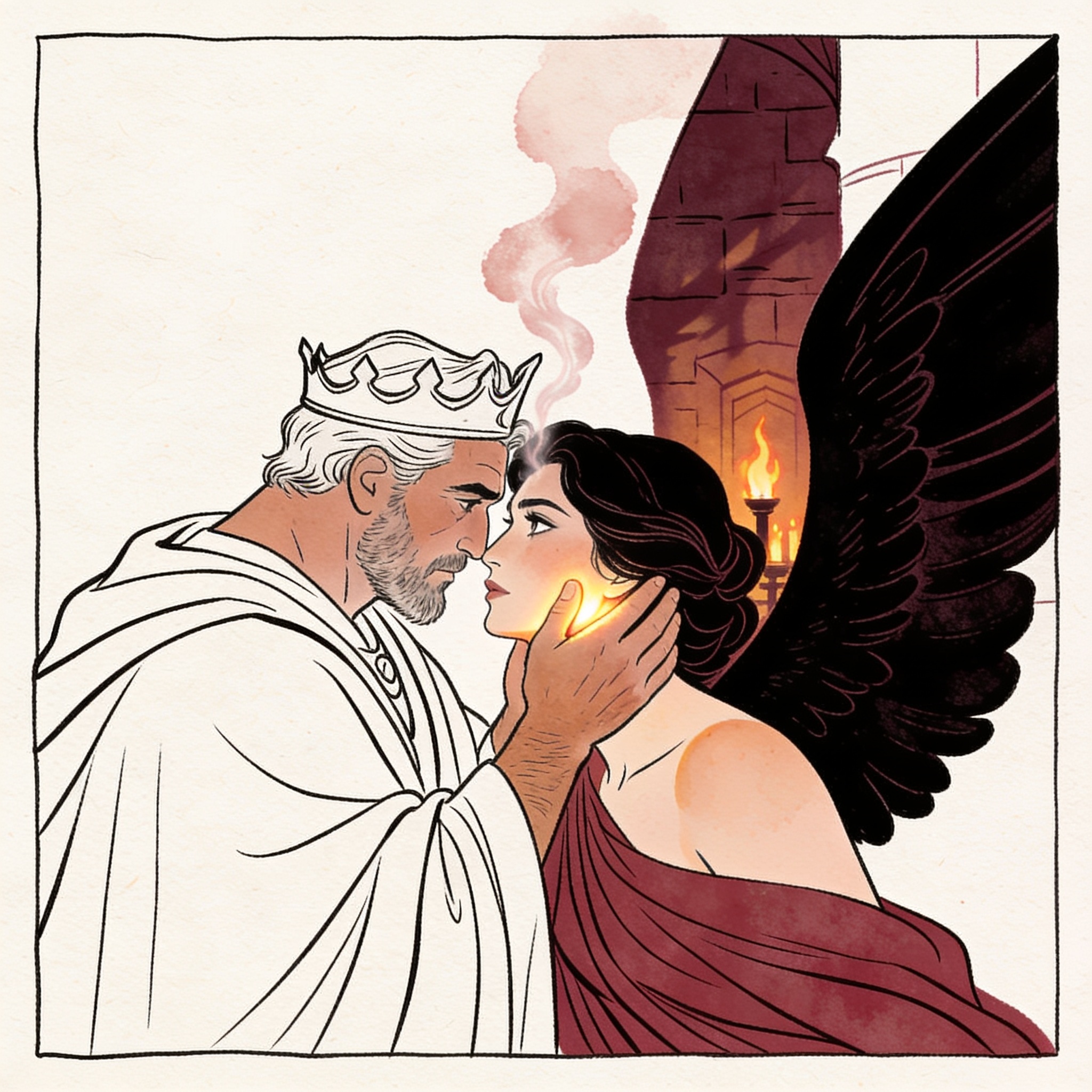 A winged woman and a king share an intimate moment, foreheads touching in a torchlit co...