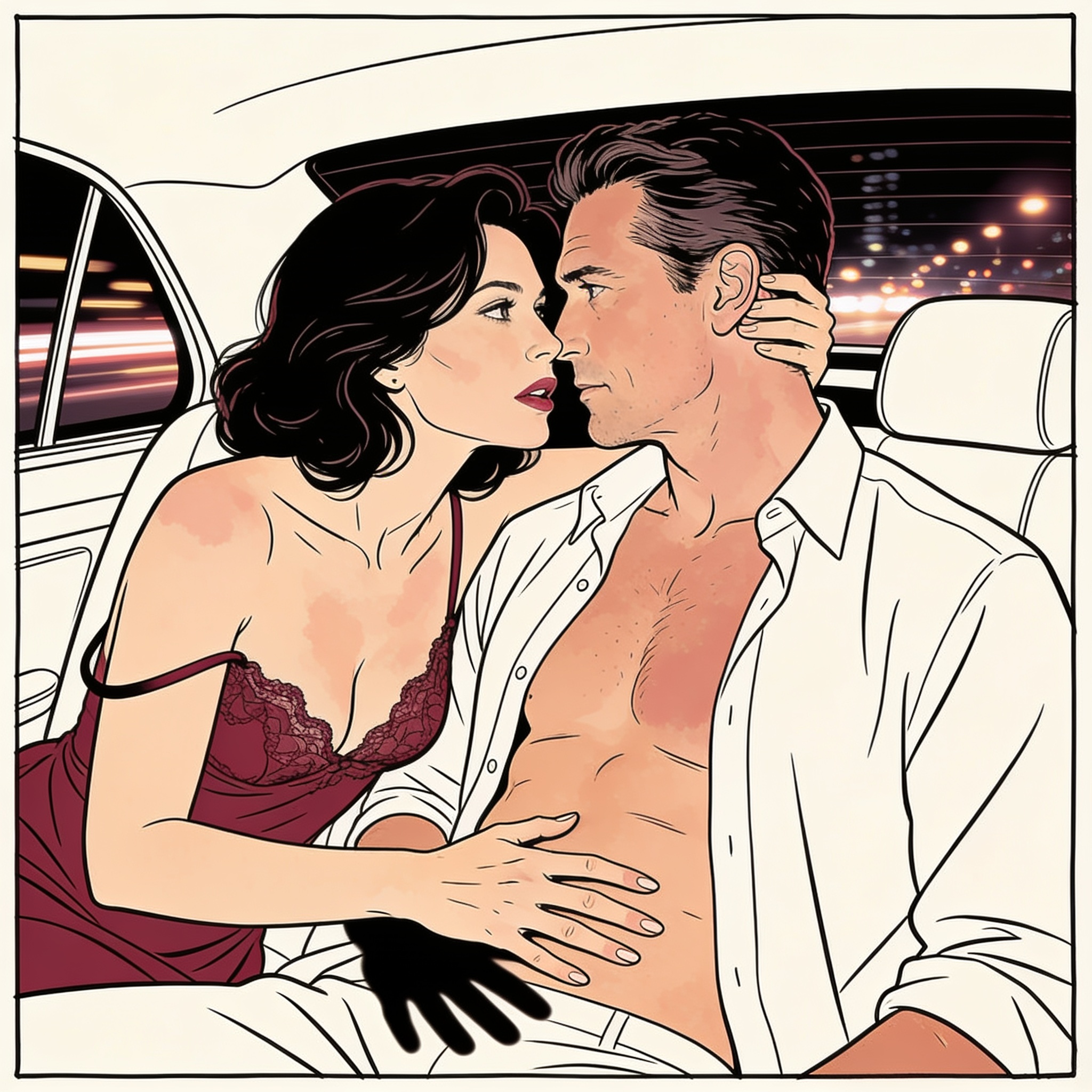 A couple in a car's backseat, faces close, her hand under his shirt, lit by passing cit...