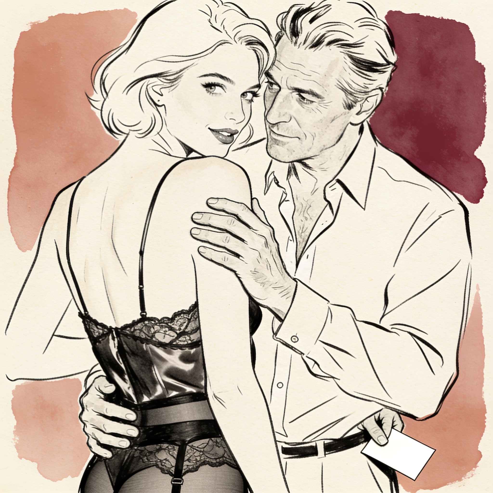 A woman glances back at a man, his hand on her bare shoulder, a card in his other hand.