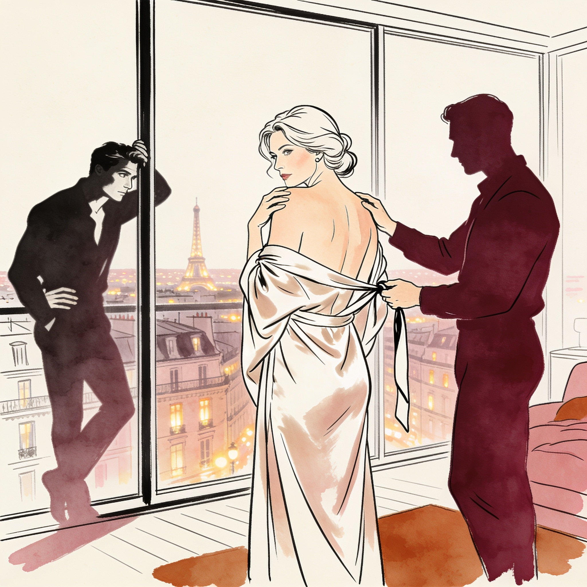 A woman in a silk robe faces a city-lit window, observed by two men in a shadowy room.
