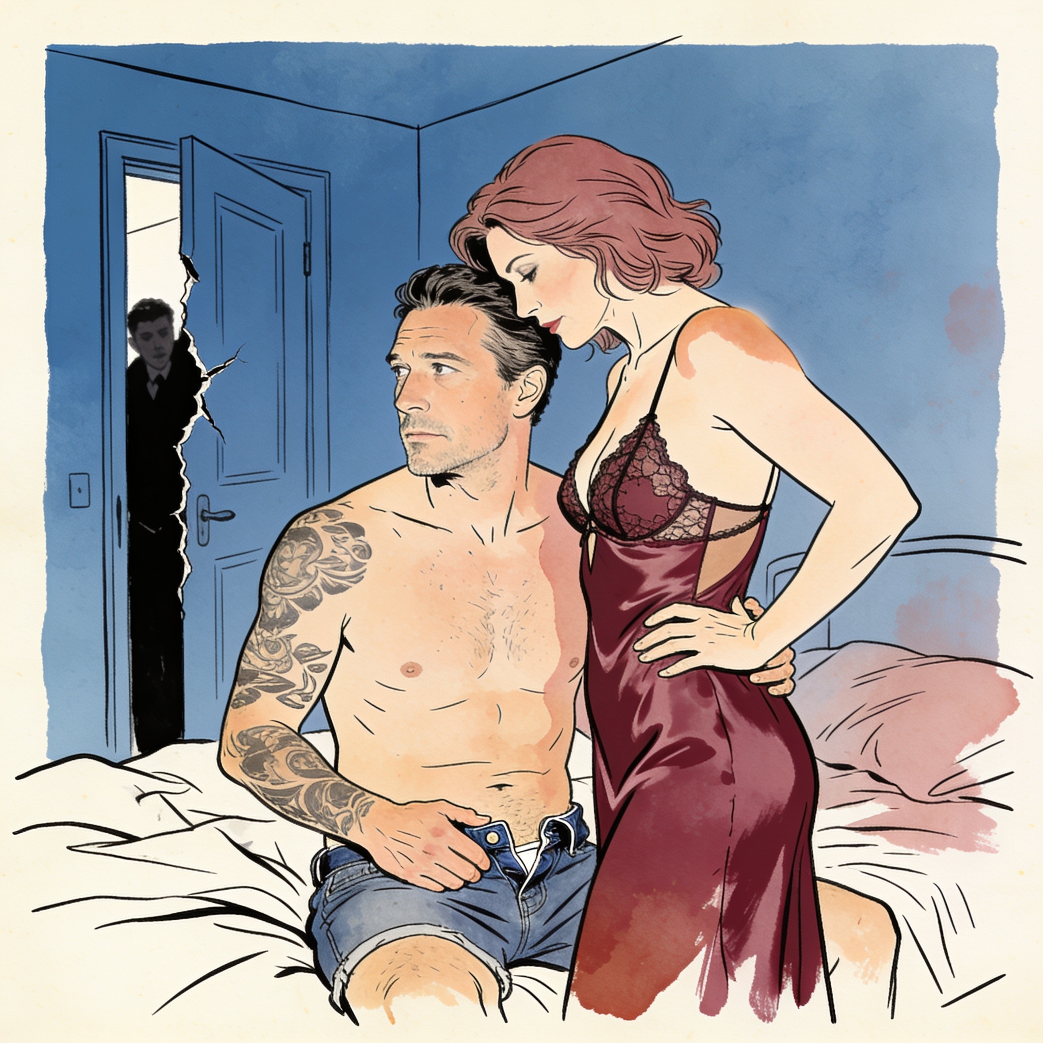 A tattooed man sits in dim blue light, his shorts unbuttoned, hand resting low.