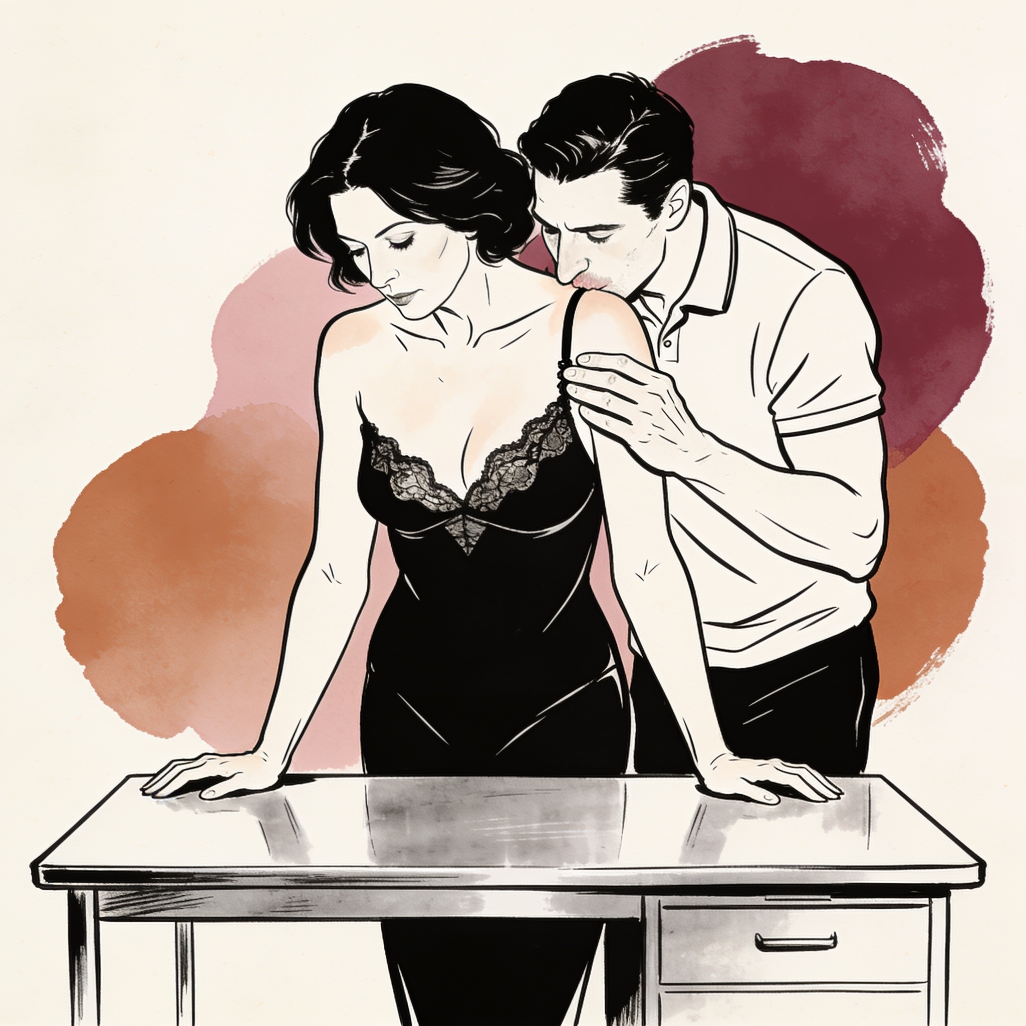 A tense, intimate moment in a stark office, with a man leaning close to a woman's bare ...