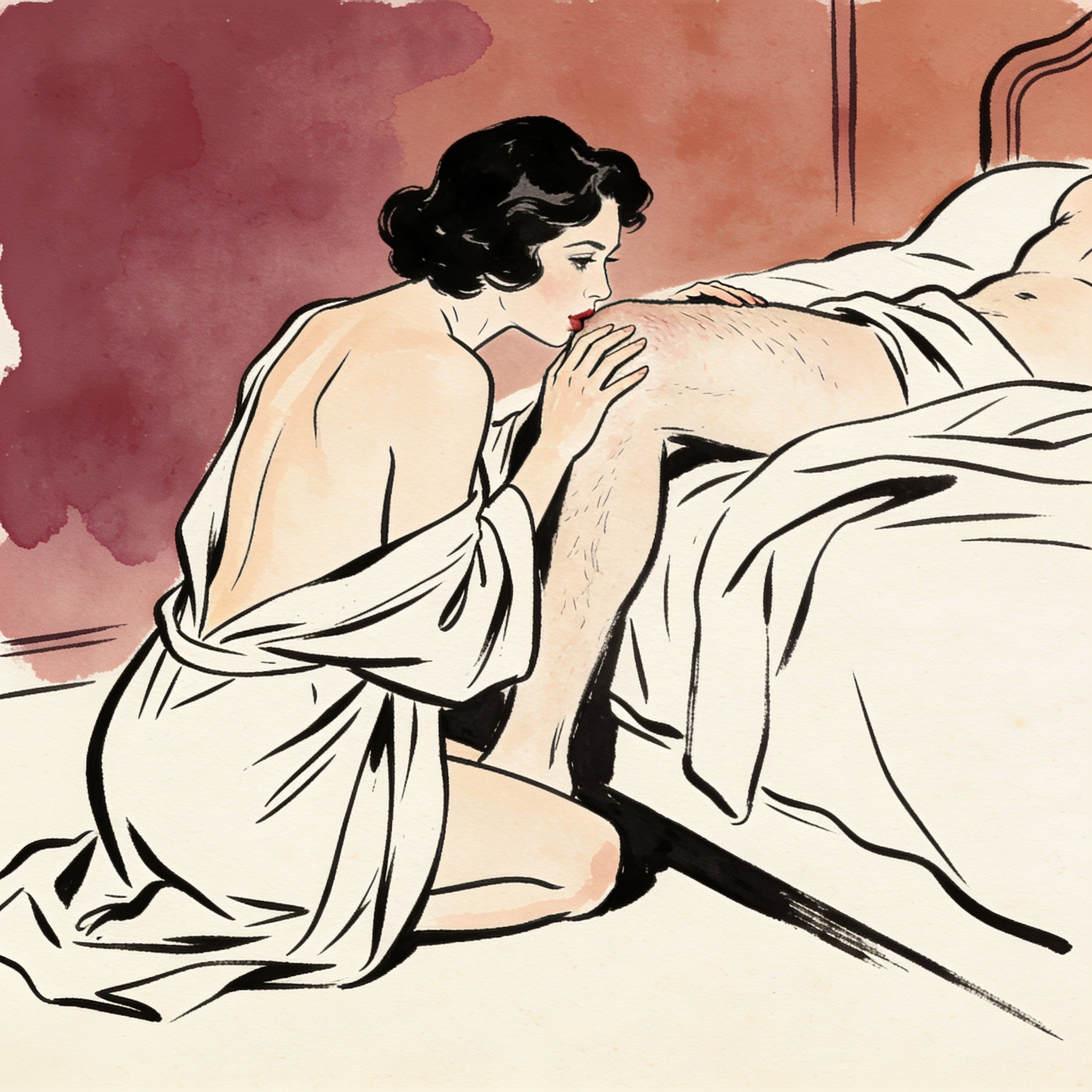 A woman hesitates, lips near her partner's thigh, her expression conflicted.