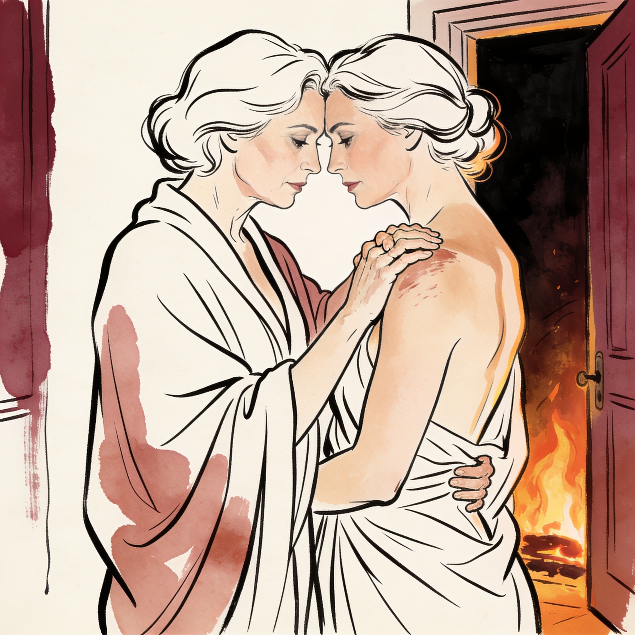 A person's rough hand is tenderly held by another's softer one in a firelit doorway, a ...