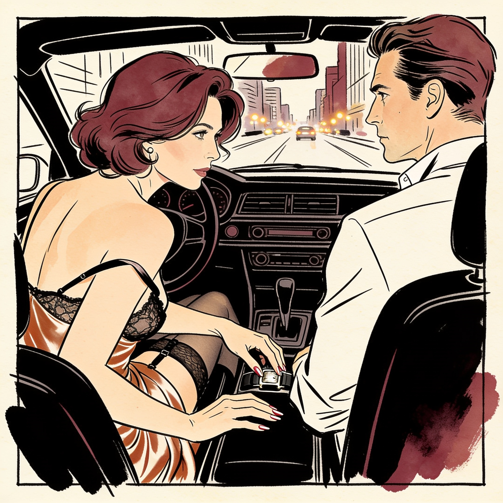 Illustration: a woman leans across a car console, her hand near a man's belt.