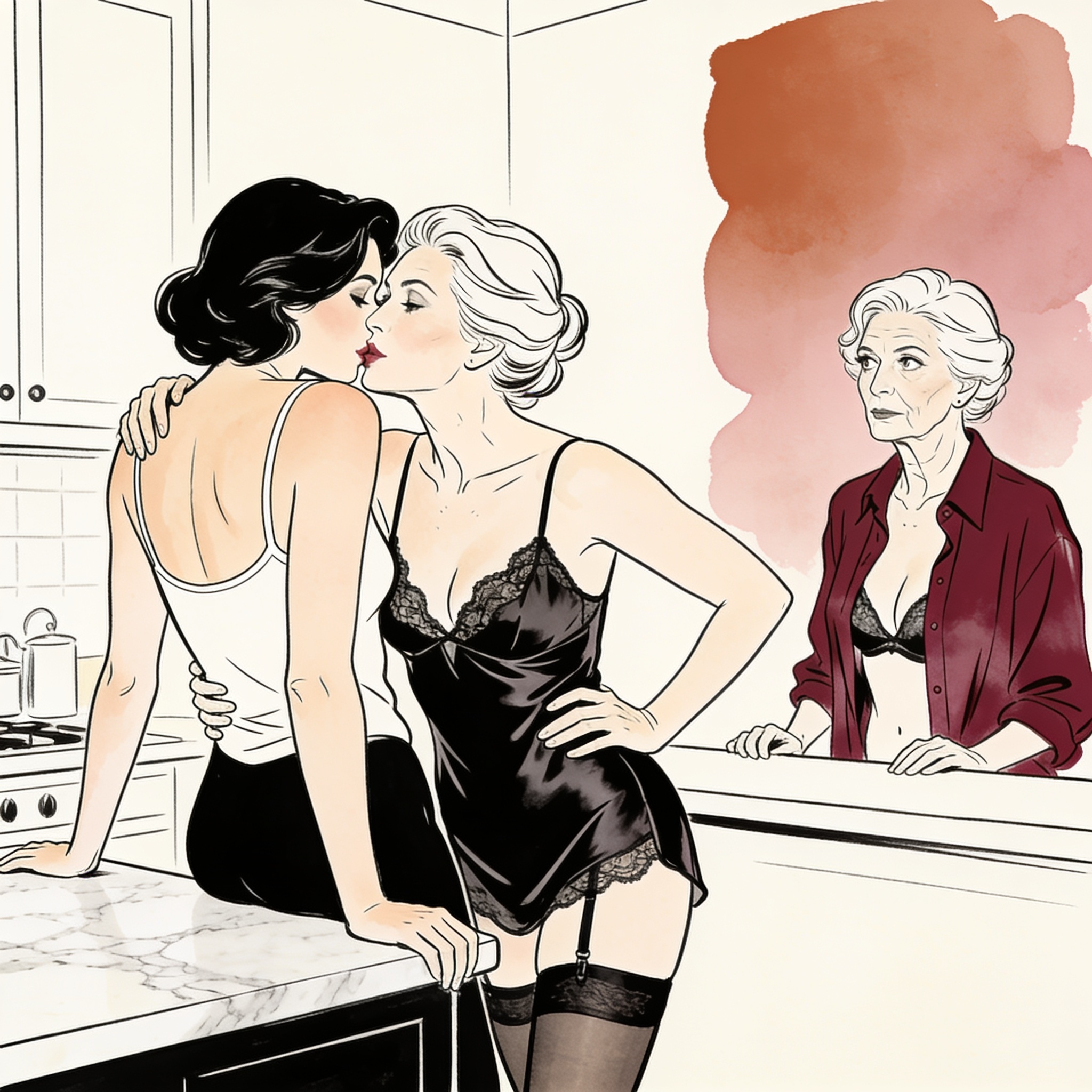 Two women share an intimate moment with a third in a modern kitchen.