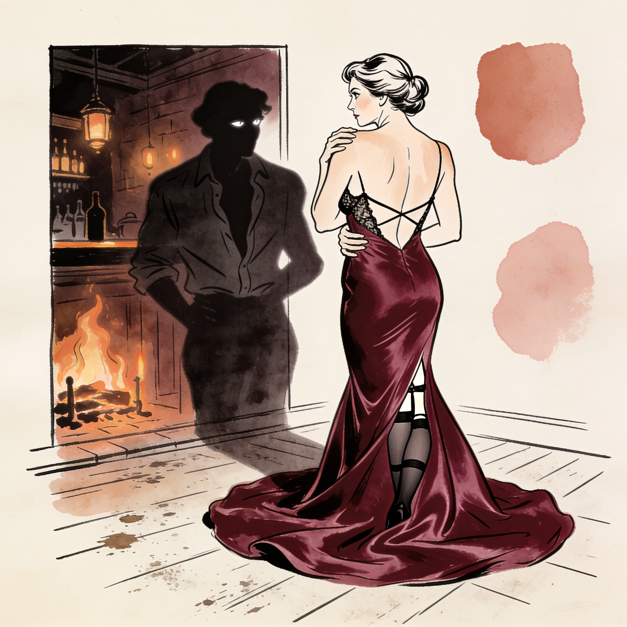 A woman in a backless silk gown spins, casting a longing look over her shoulder.