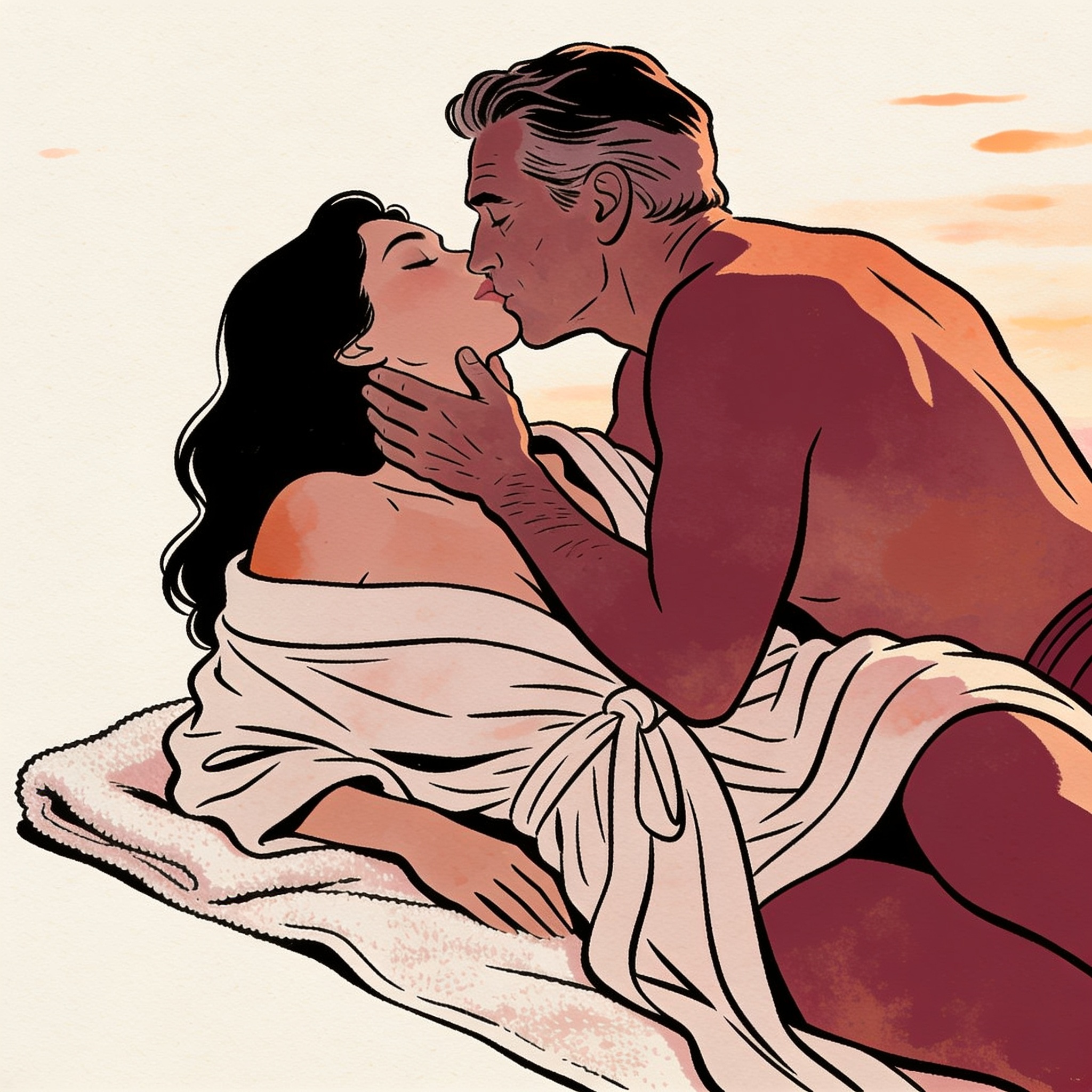 A couple embraces intimately on a beach towel at sunset, faces close together.
