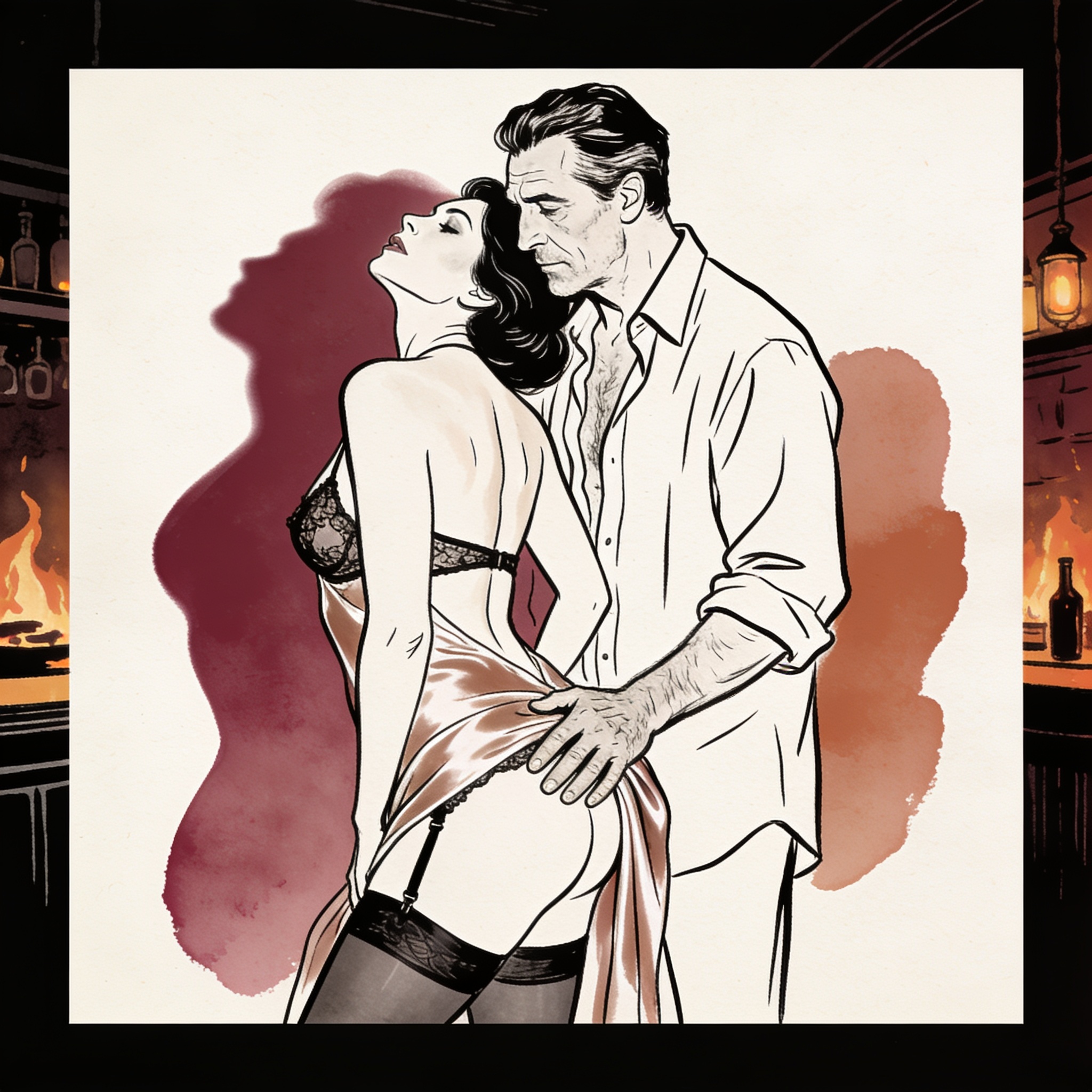 A couple in a tavern's shadows, his hand on her silk-clad hip, her head tilted back in ...
