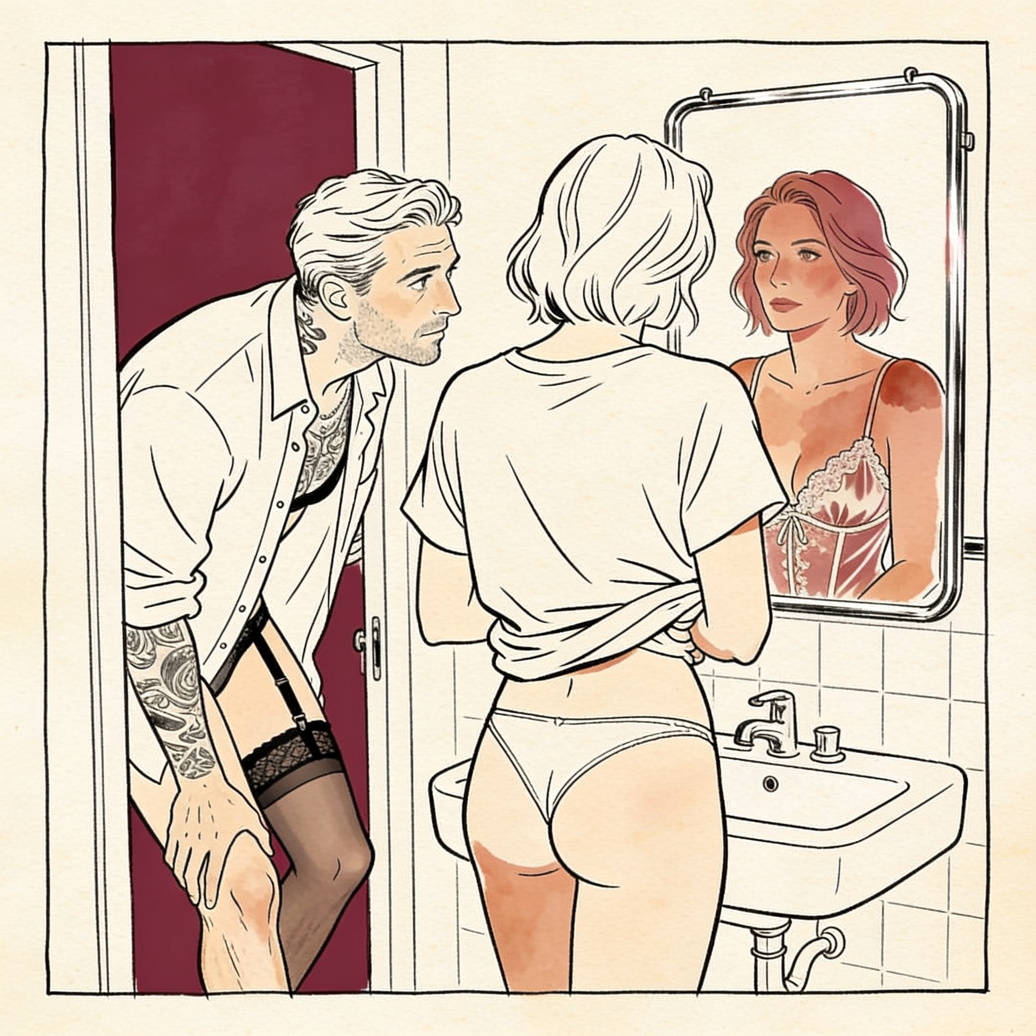 A woman in a large t-shirt is watched by a tattooed stranger in a restroom.
