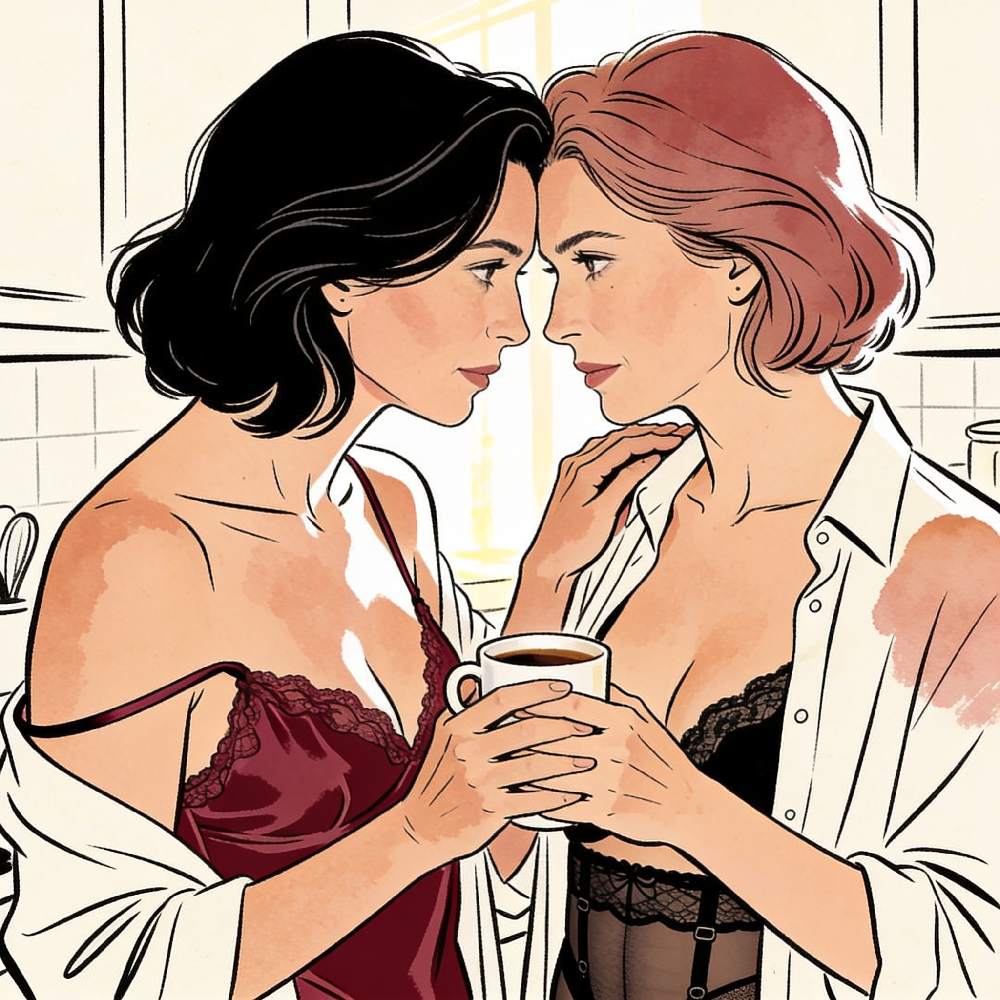 Two women's hands touching on a mug, foreheads close, charged with tension.